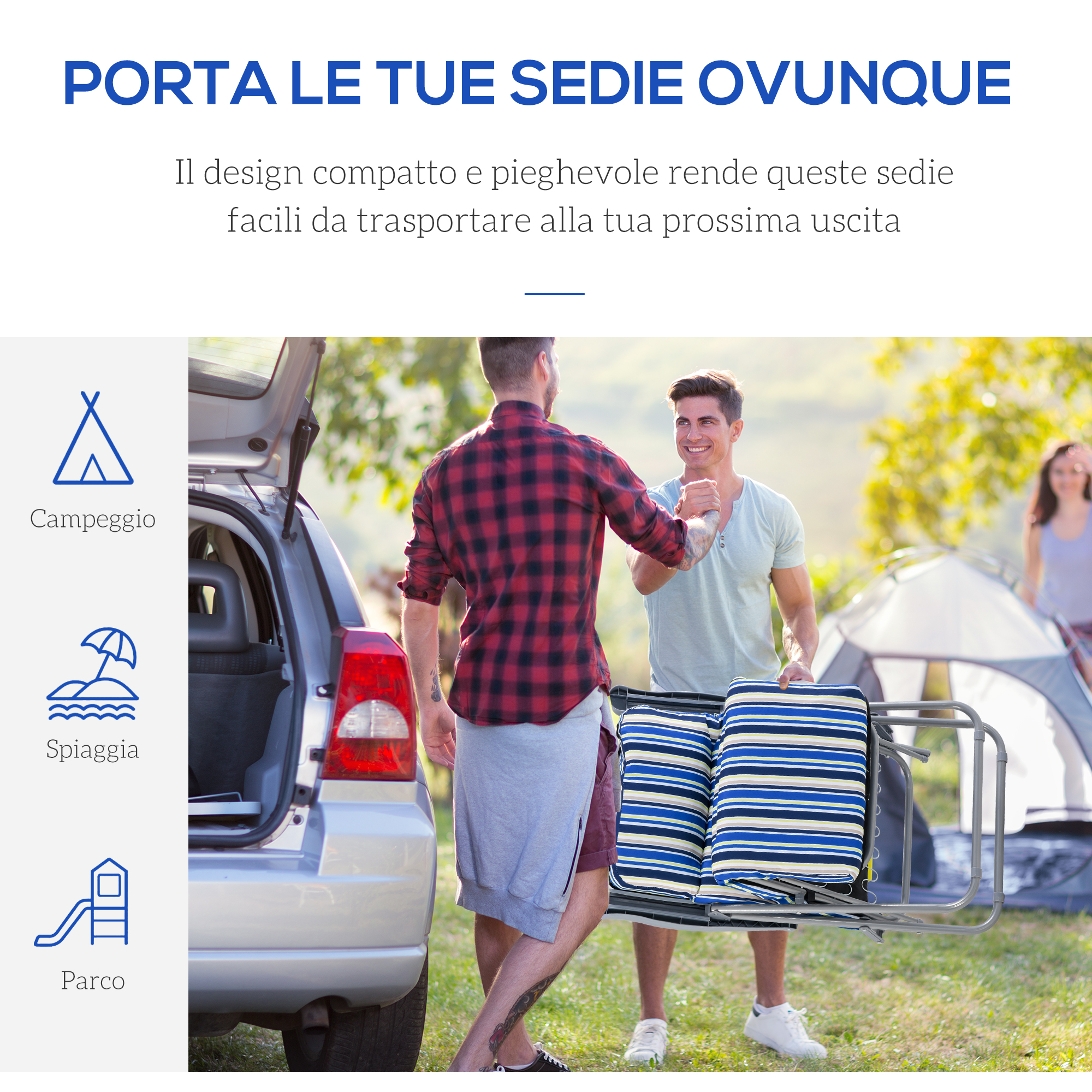 Due uomini caricano sedie a righe da un'auto, tenda da campeggio sullo sfondo.
