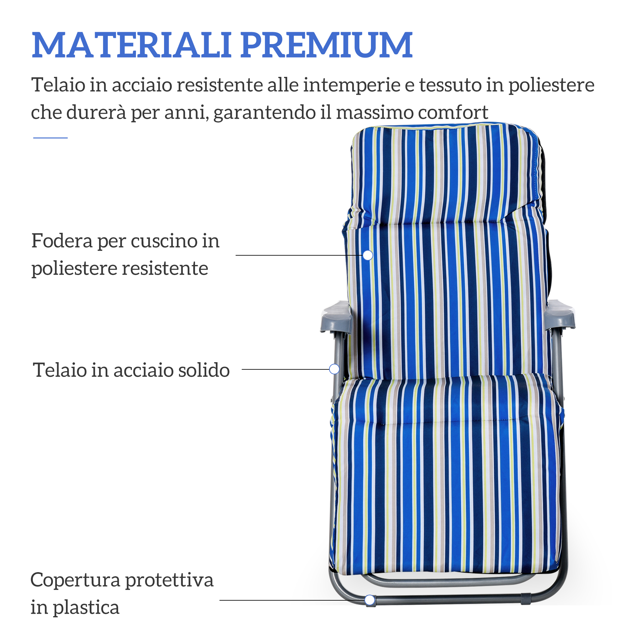 Una sdraio a righe blu e bianche con struttura in metallo.
