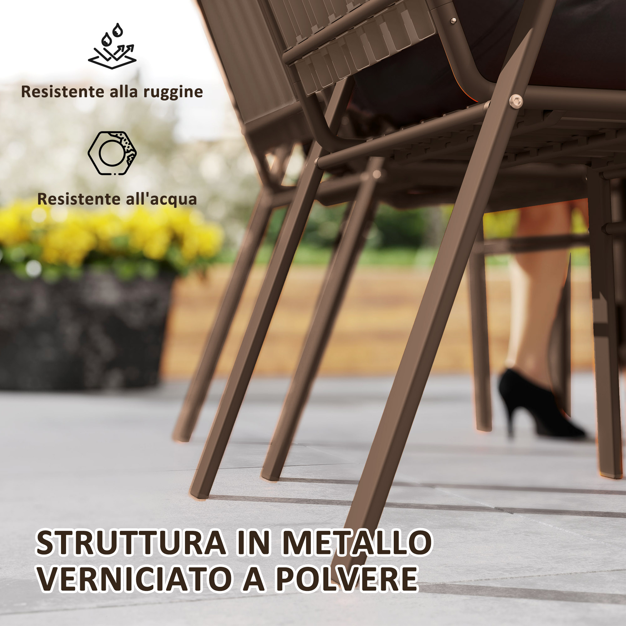 Struttura in metallo marrone con simboli di resistenza ruggine e acqua.
