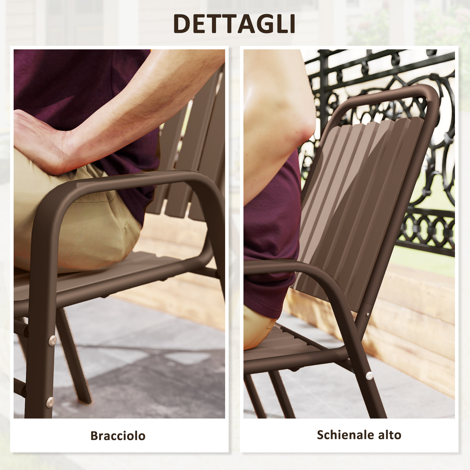 Primo piano di sedie da giardino marroni che mostrano braccioli e schienale.