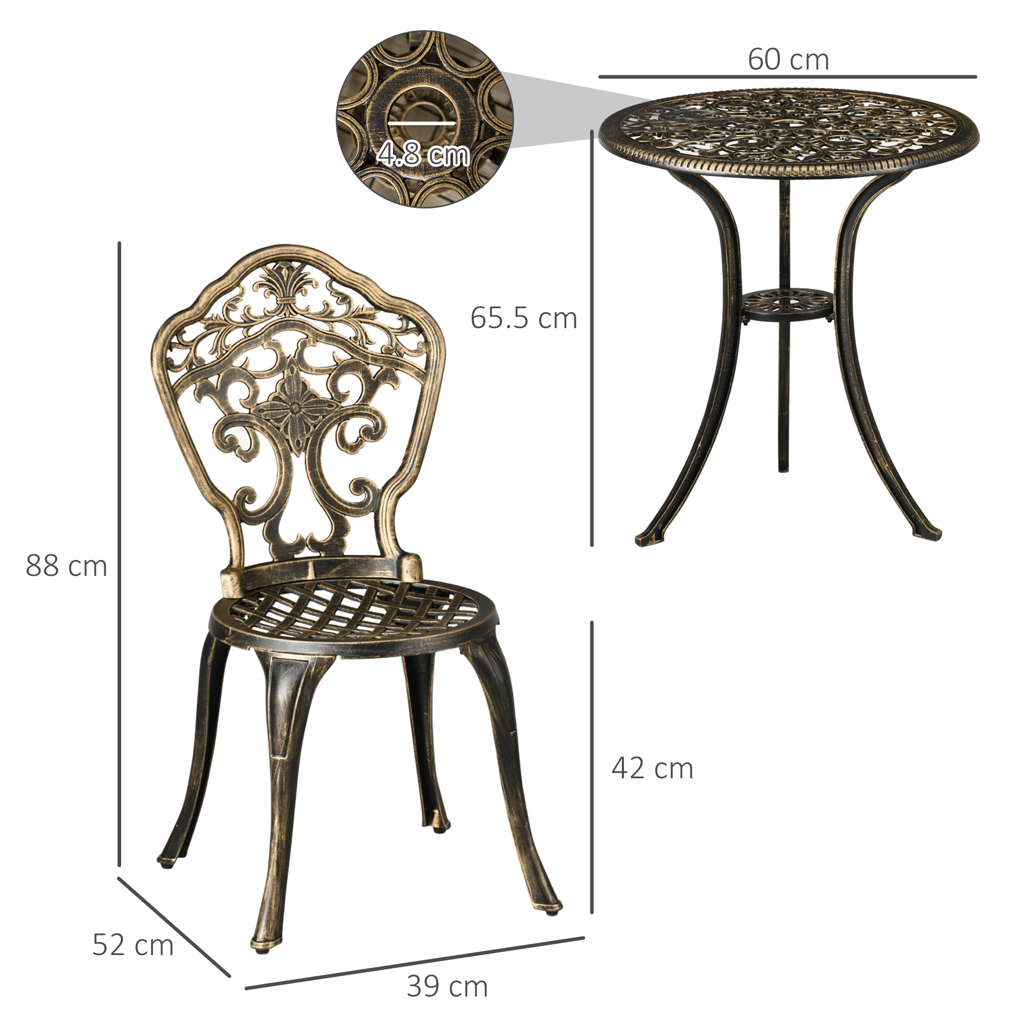 Una sedia da giardino ornata in bronzo e un tavolo rotondo con dimensioni dettagliate.
