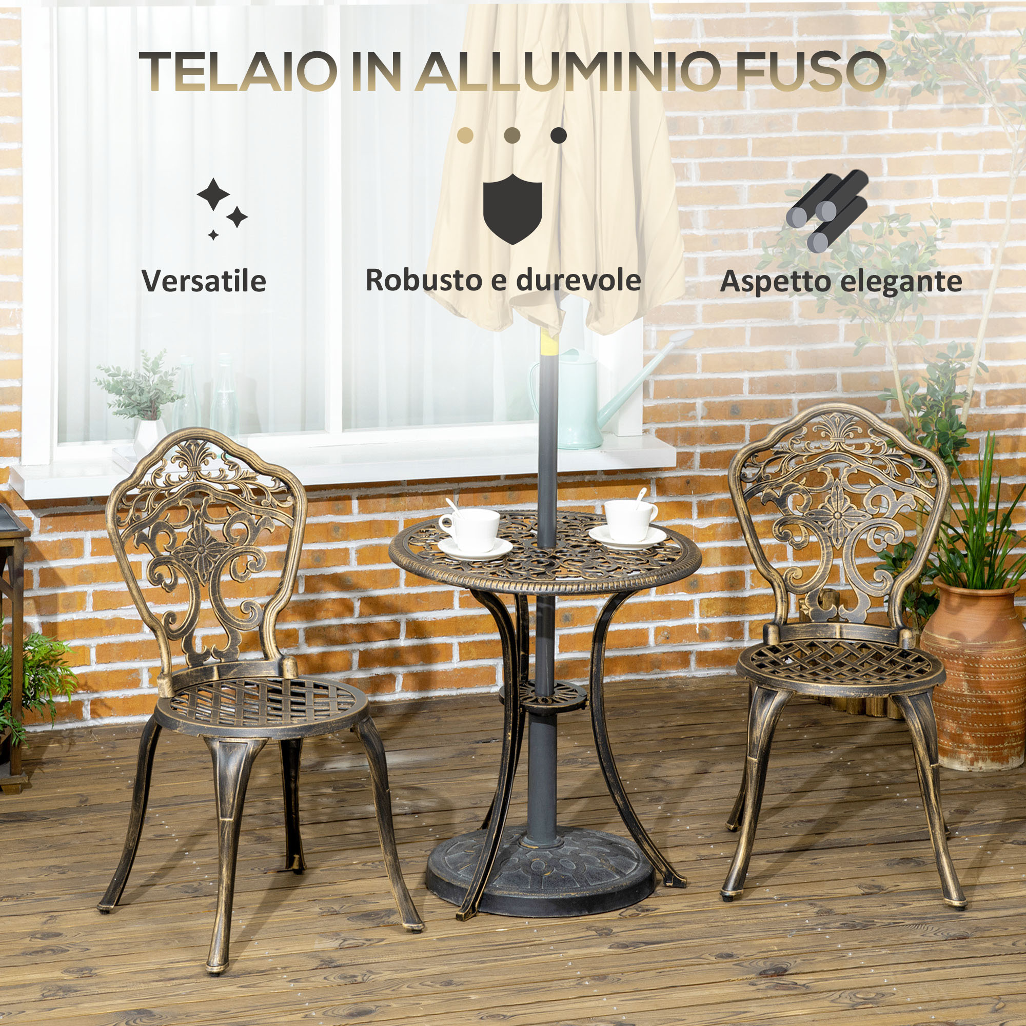 Un set da giardino con due sedie ornate e un tavolo rotondo con due tazze.