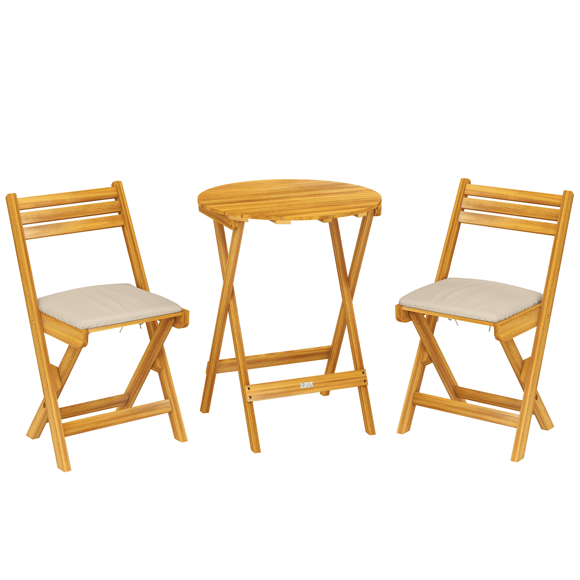 Un tavolo rotondo in legno con due sedie in legno con cuscini beige chiaro.