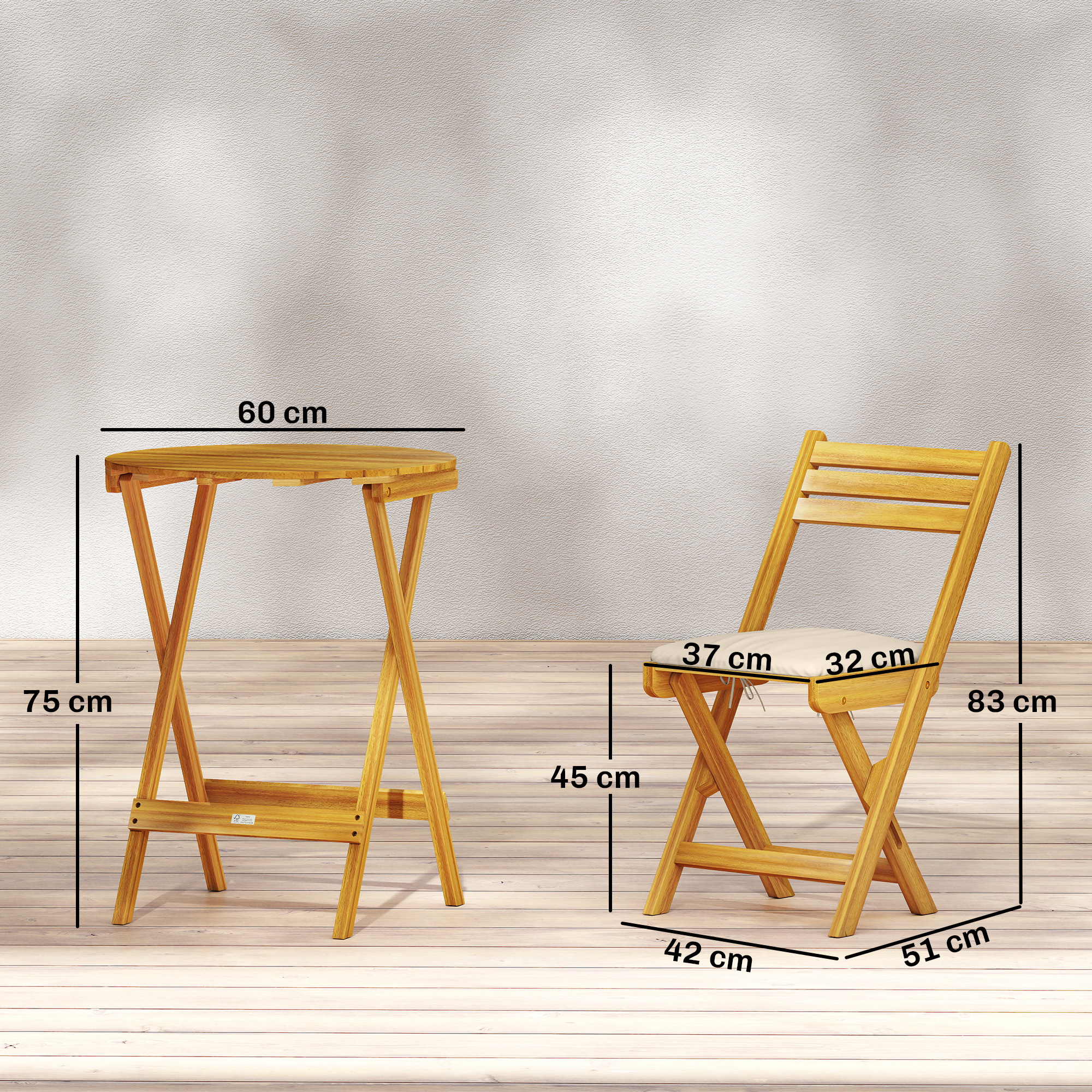 Un tavolo e una sedia pieghevoli in legno con dimensioni su un pavimento di legno.
