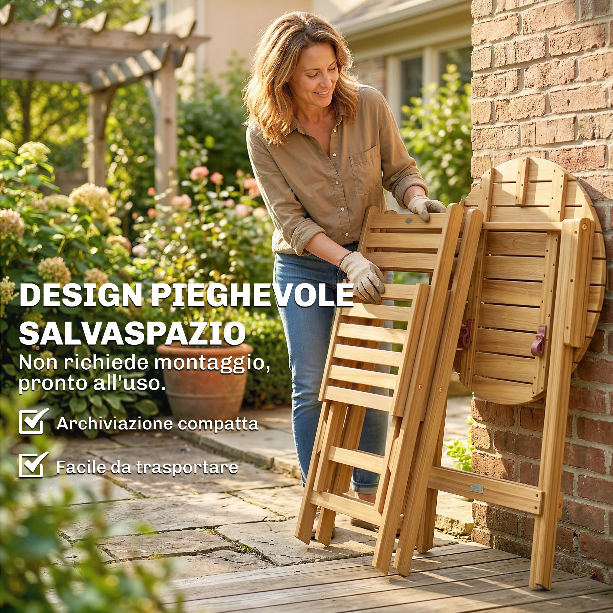 Donna piega sedie e tavolo in legno in giardino. Salvaspazio e portatile.