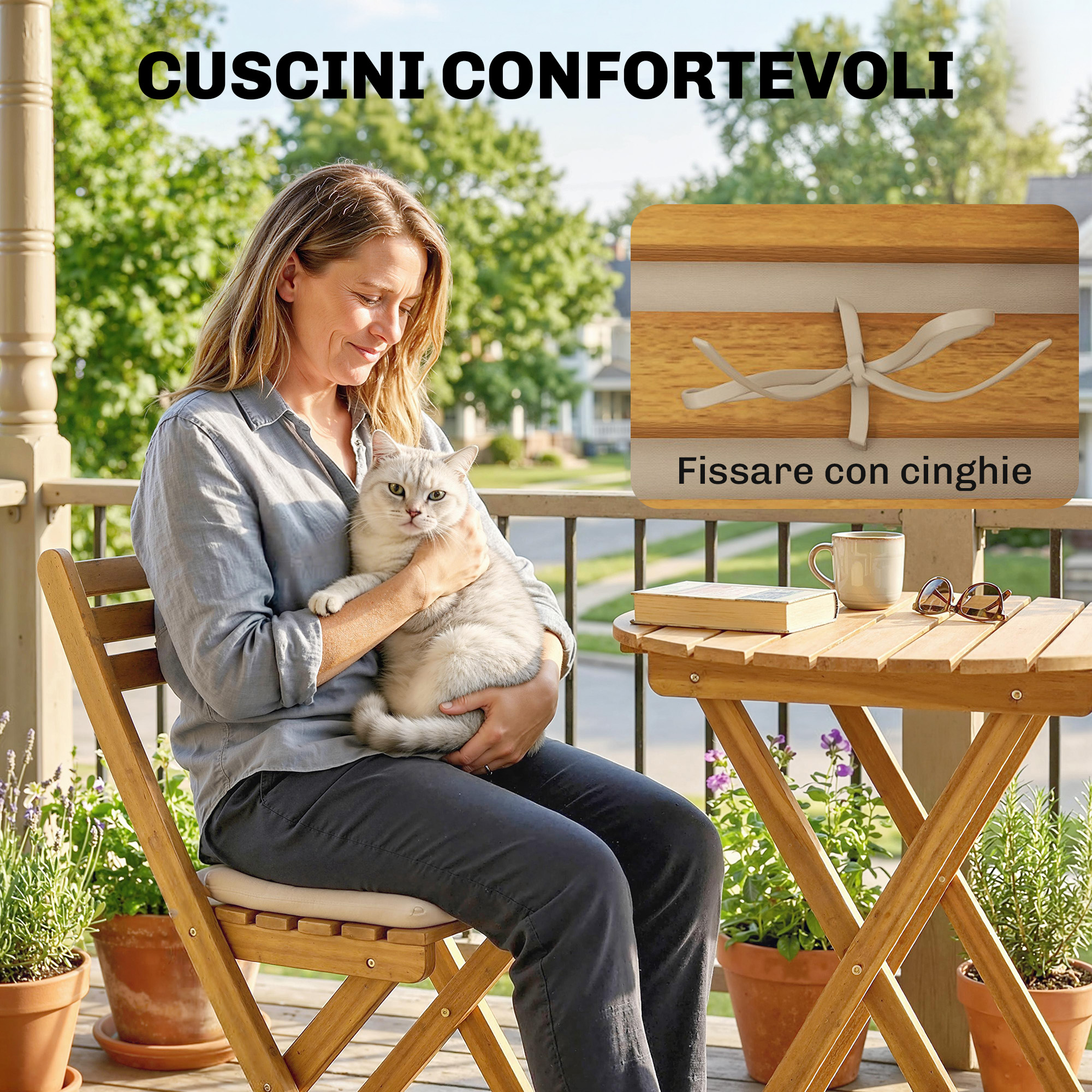 Una donna tiene un gatto su un portico. Un tavolo è seduto accanto a lei.