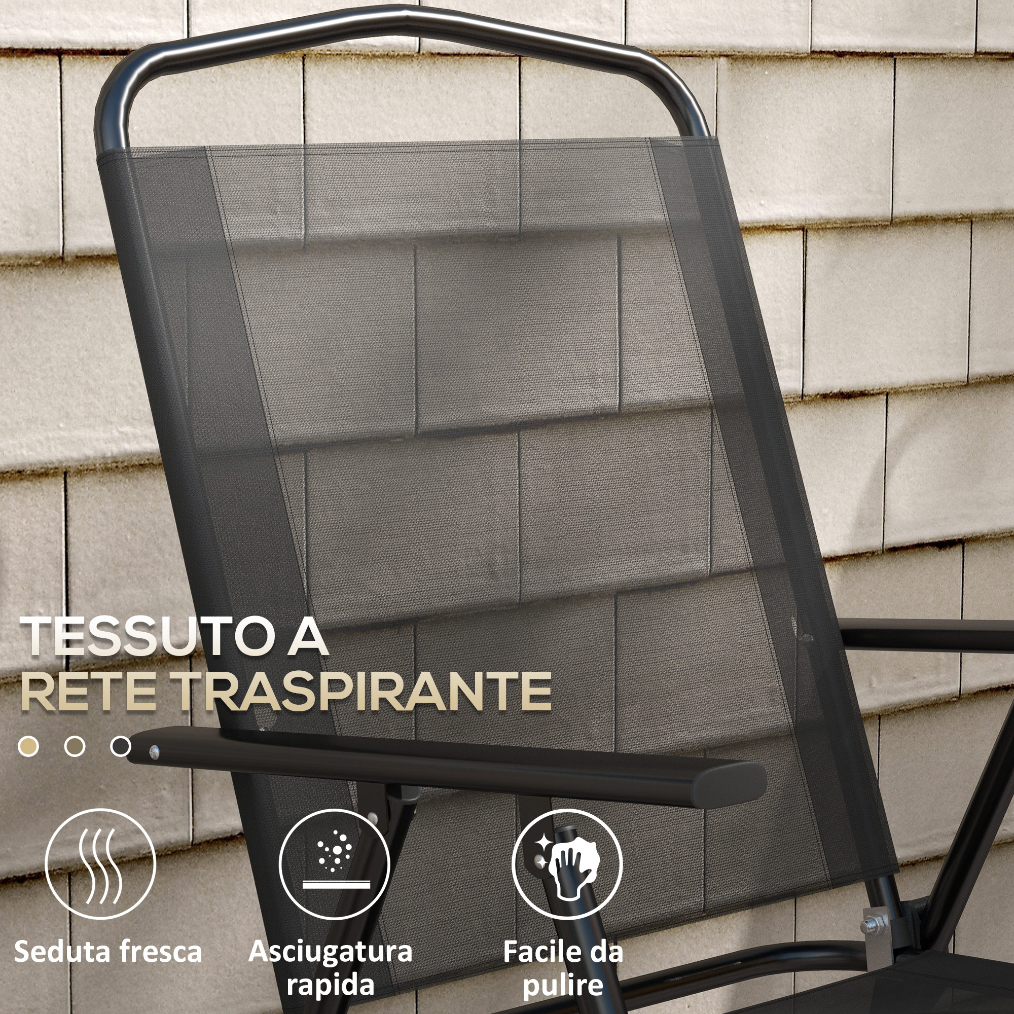 Sedia nera in rete con telaio in metallo davanti a un muro piastrellato.