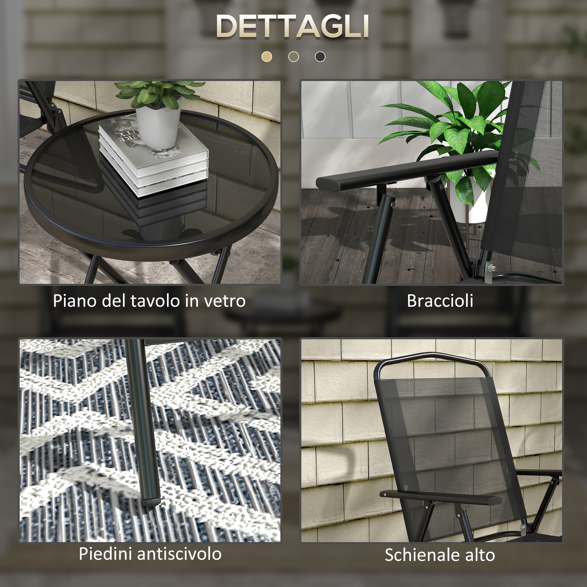 Dettagli di un set di mobili da giardino neri: tavolo in vetro, braccioli, piedini antiscivolo.