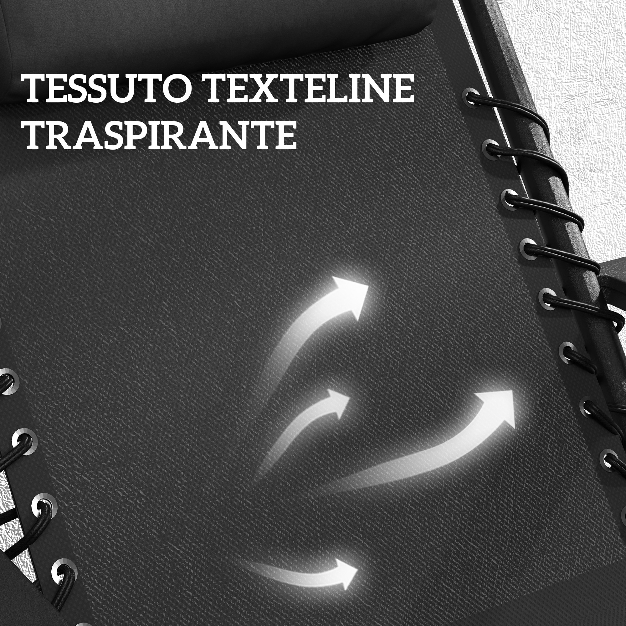 Tessuto nero textilene con frecce bianche che indicano la circolazione dell'aria.