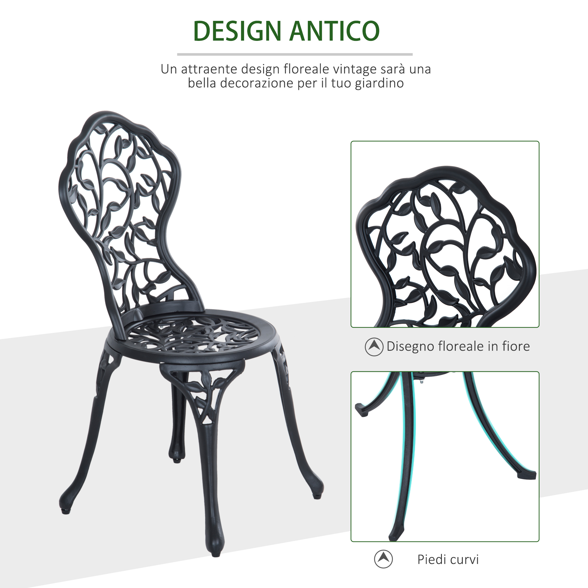 Sedia vintage nera con motivo floreale e gambe curve.