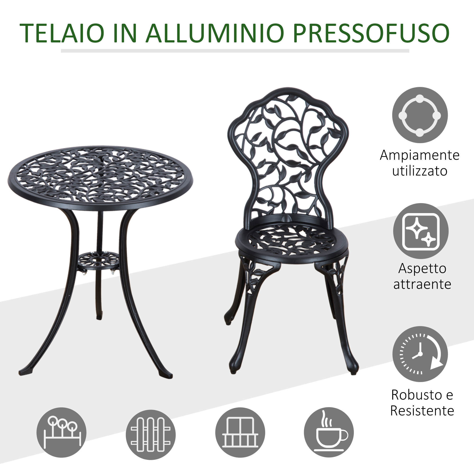 Set tavolo e sedia neri in ghisa con motivo floreale, accanto a icone di durabilità e aspetto.