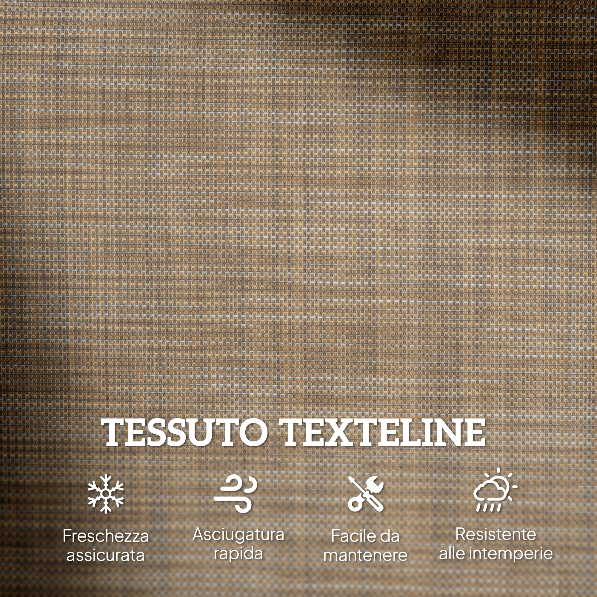 Tessuto Textiline marrone con icone per freschezza, asciugatura rapida, facile manutenzione e resistenza alle intemperie.