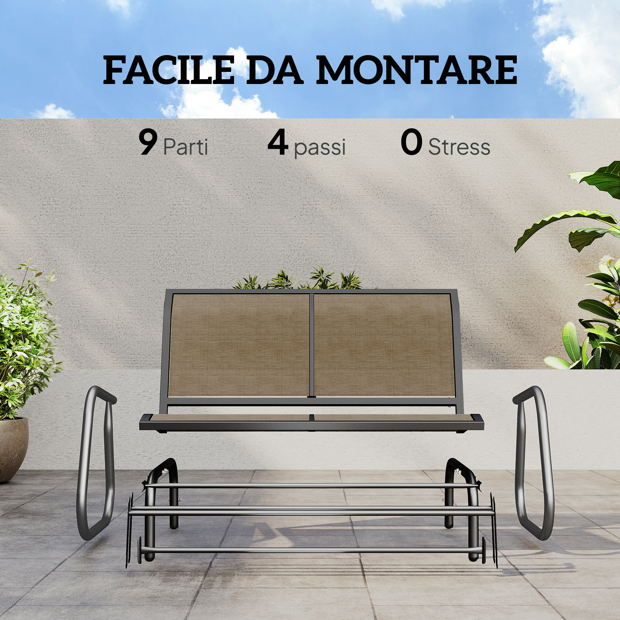 Panca da giardino smontata con guida al montaggio: 9 parti, 4 passi, 0 stress.