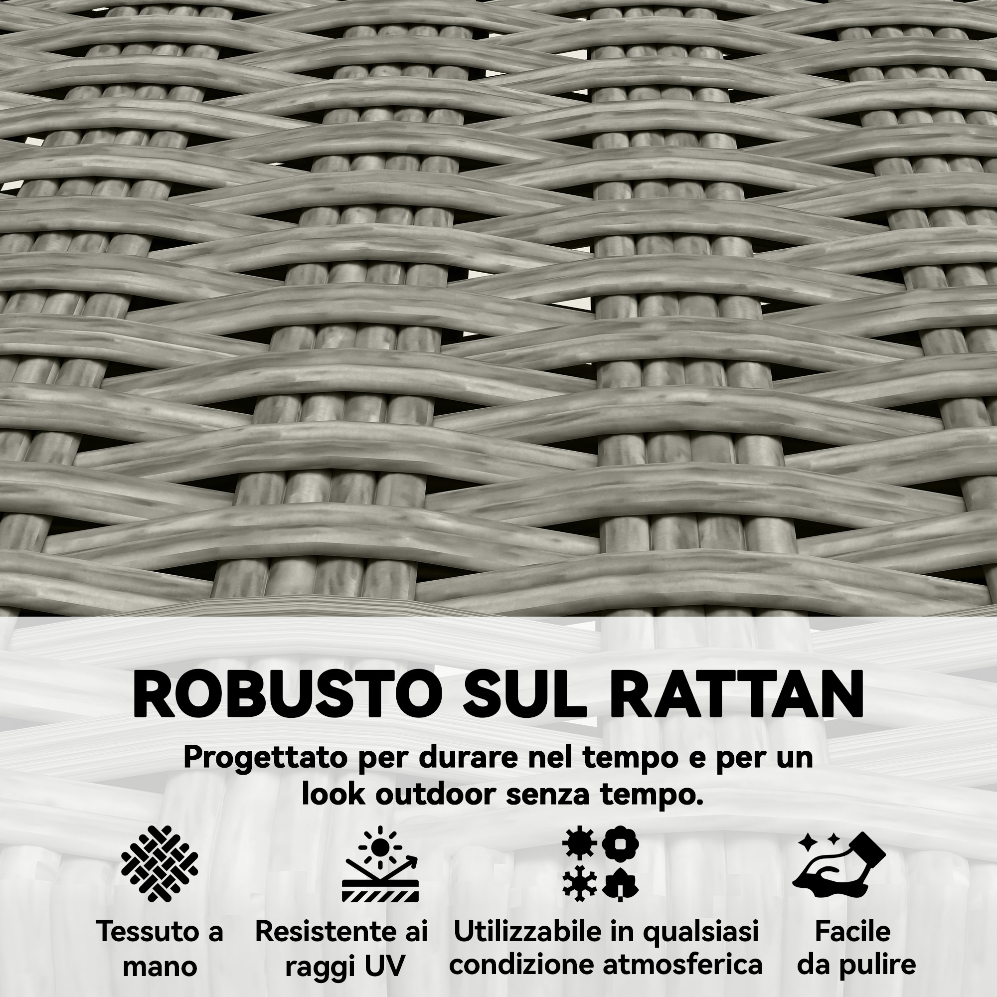 Trama in rattan grigio con testo e icone di durabilità.