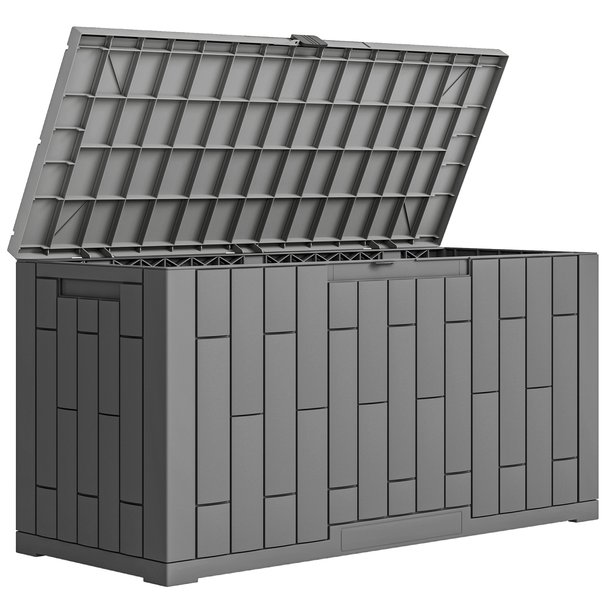 Contenitore portaoggetti grigio con coperchio aperto e texture a coste.