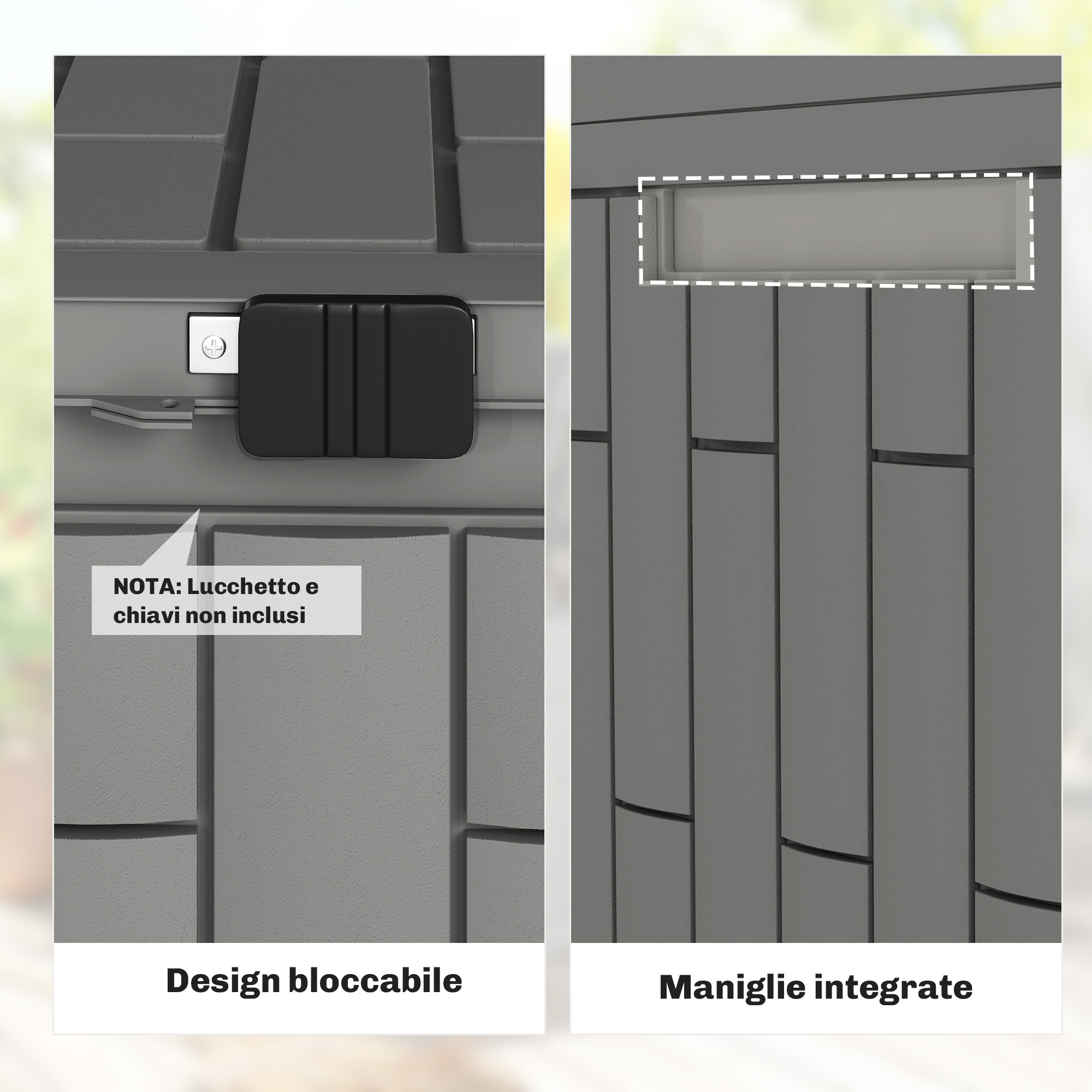 Unità di stoccaggio grigia con design lucchettabile e maniglie integrate.