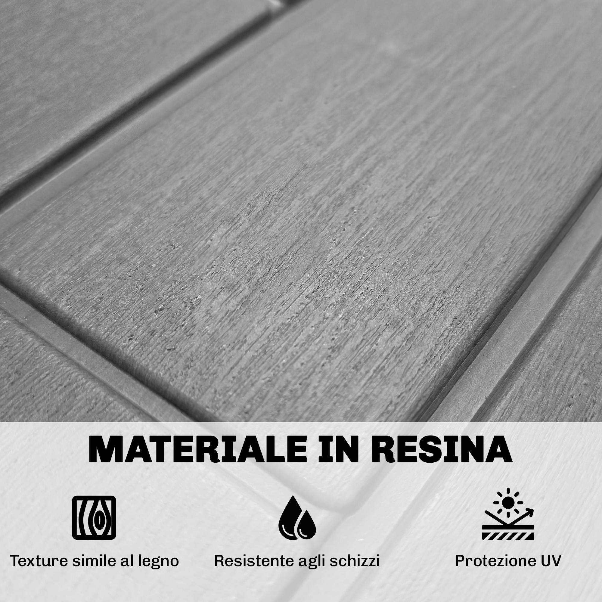 Grana di legno grigia con tre icone: texture legno, goccia, protezione UV.
