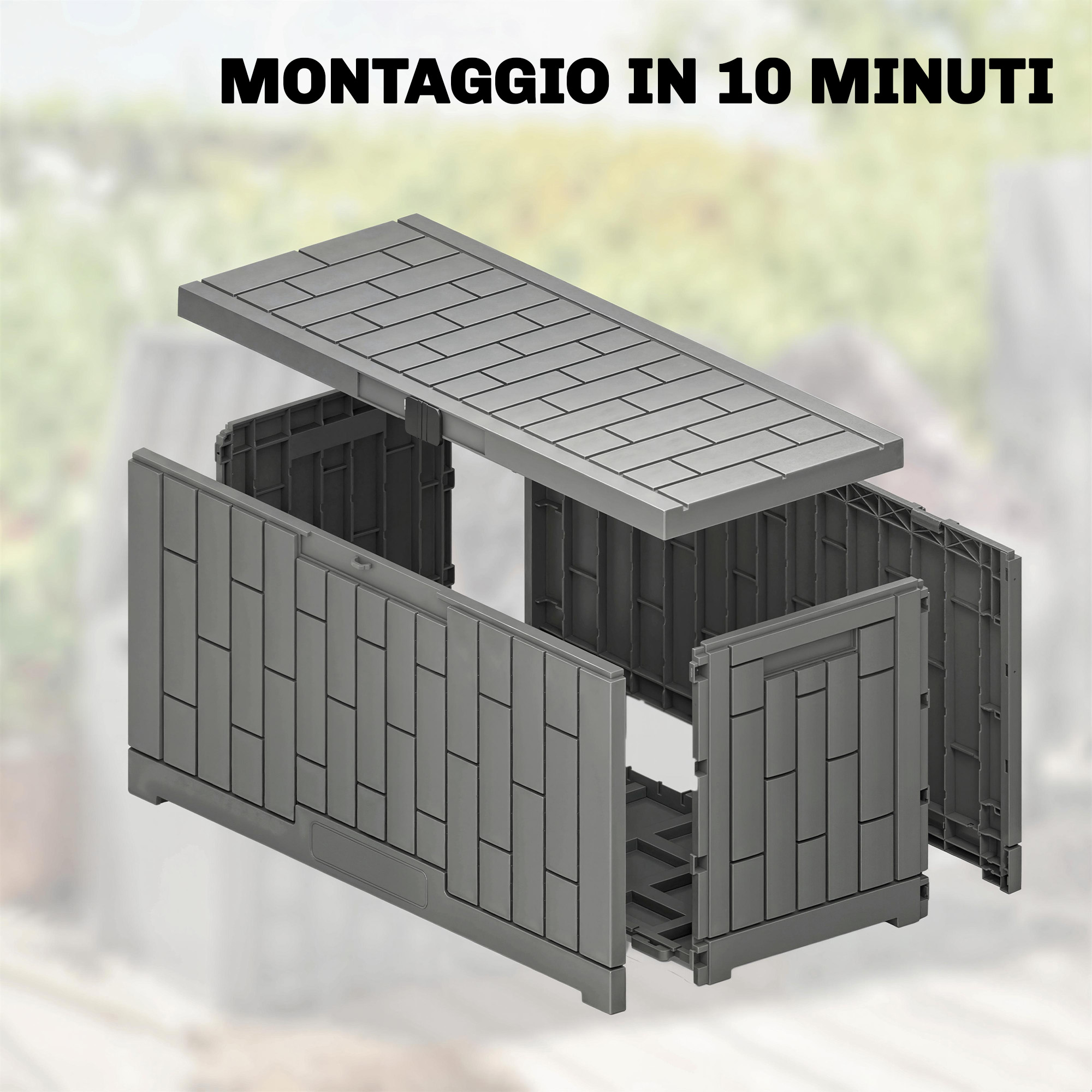 Parti in plastica grigia di un armadietto, pronte per il montaggio.