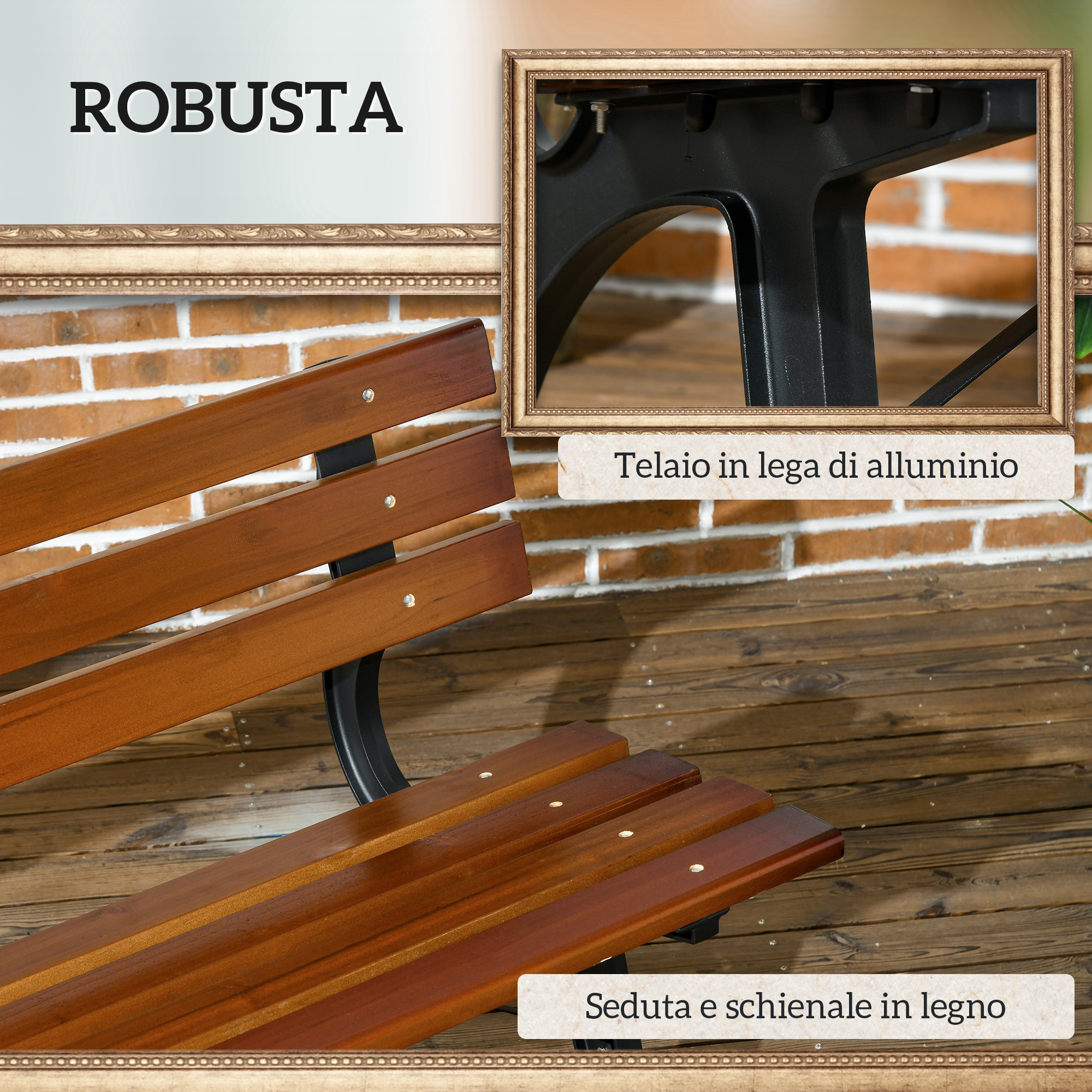 Una panchina in legno con doghe marroni e gambe in metallo nero su un ponte di legno.