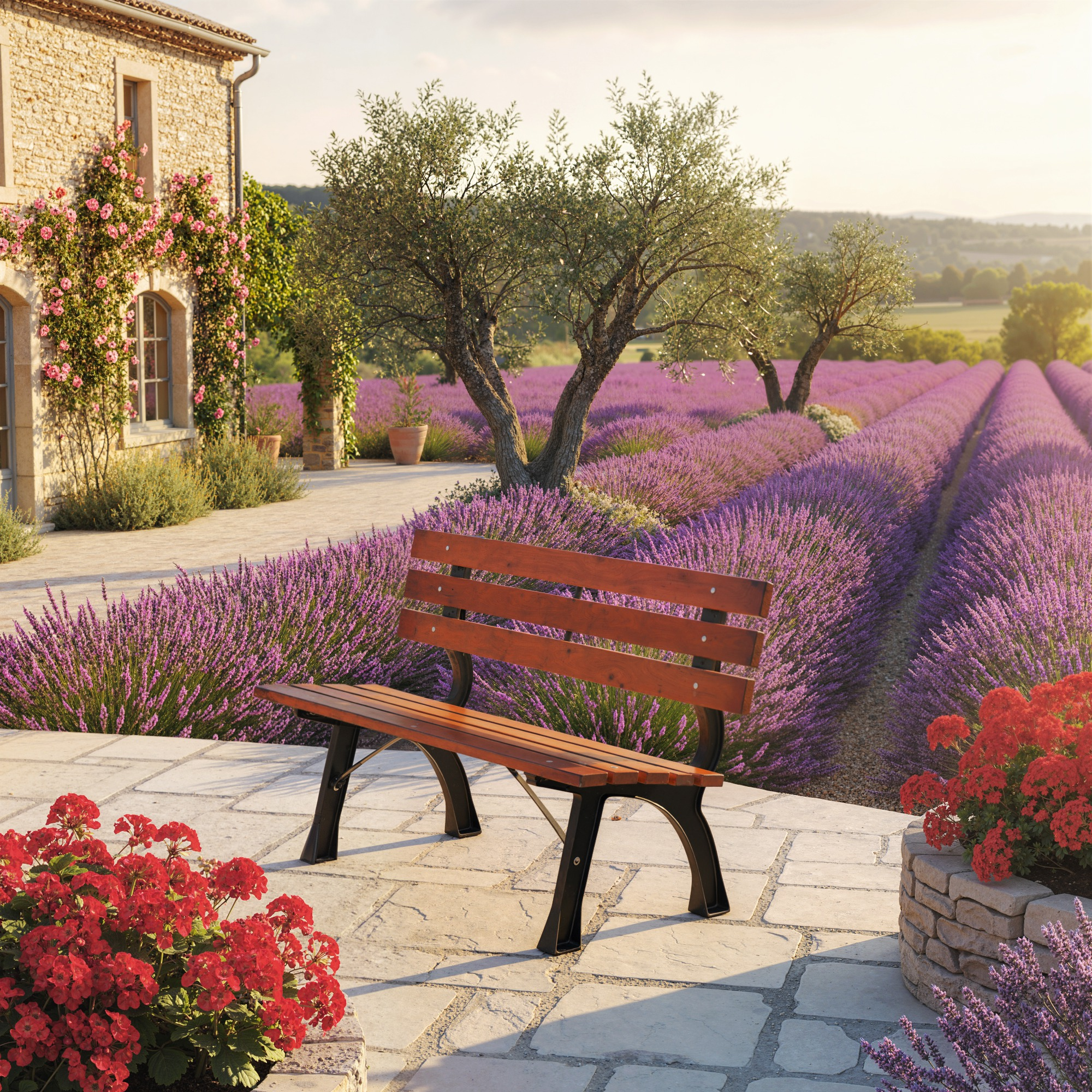 Panca in legno davanti a campo di lavanda e facciata in pietra con rose. Fiori rossi davanti.