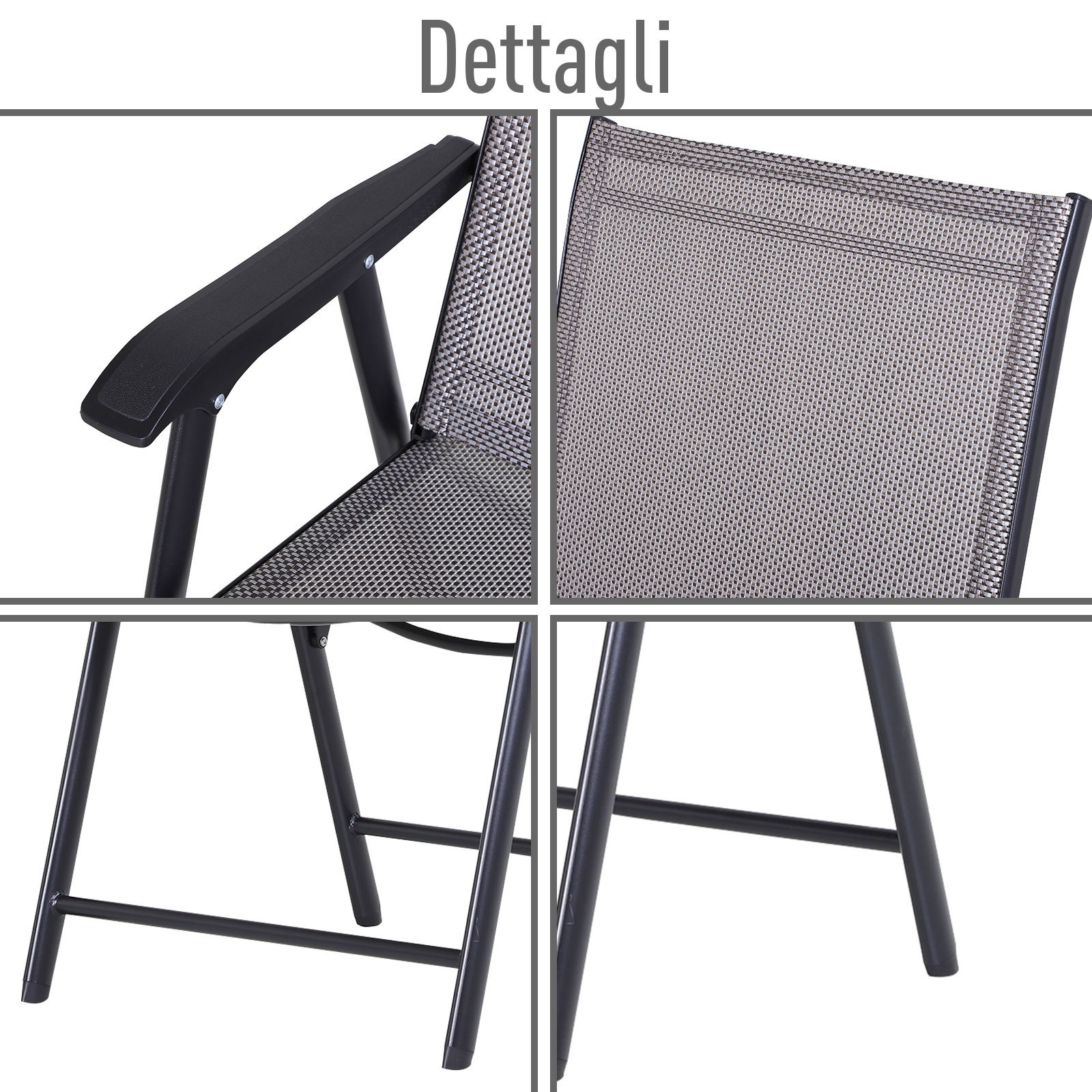 Dettagli ravvicinati di una struttura in metallo nero e tessuto grigio di una sedia pieghevole.