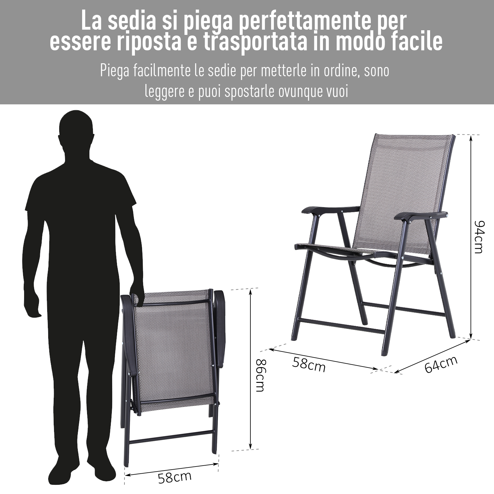 Un uomo accanto a una sedia pieghevole. Vengono mostrate le dimensioni.