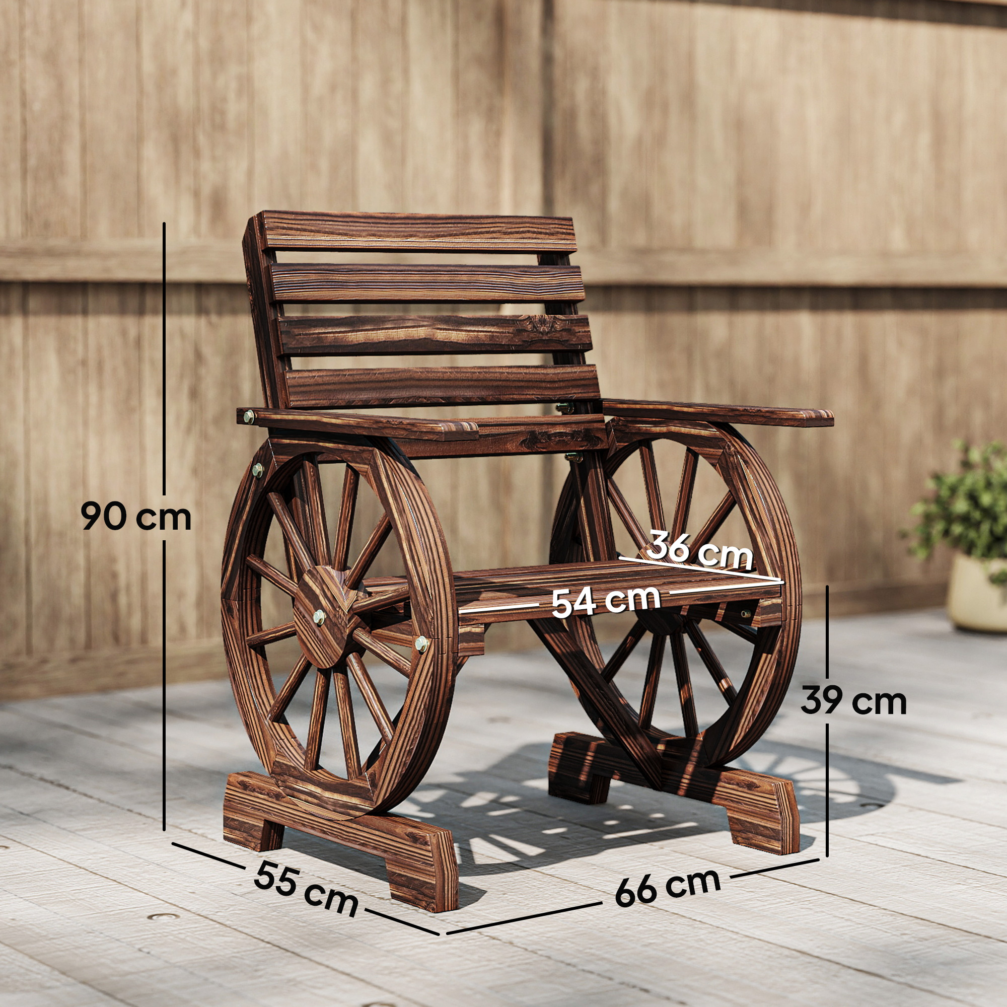 Una sedia di legno con ruote da carro come gambe si trova su un ponte di legno.