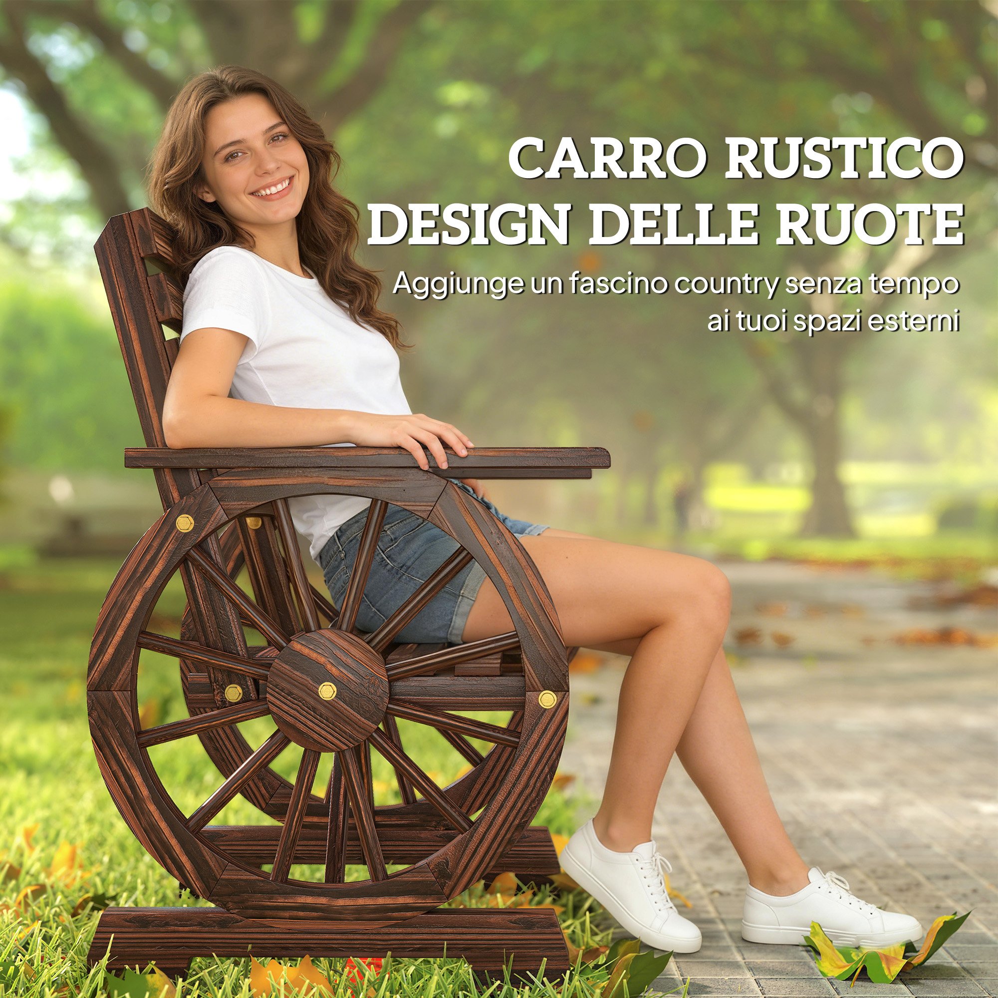 Donna seduta su sedia rustica in legno con cerchioni. All'aperto in un parco.