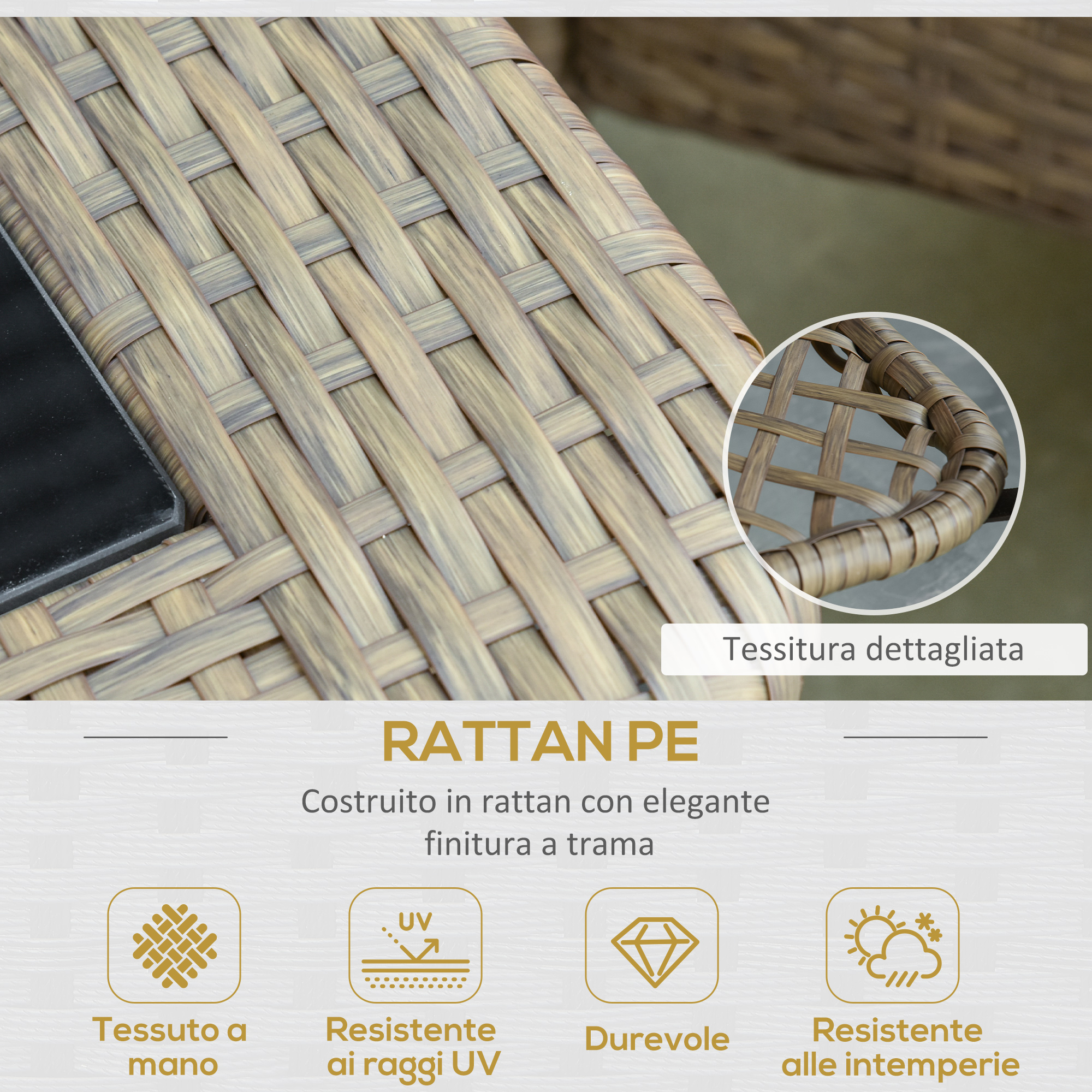 Primo piano di trama in rattan PE marrone con icone solari e protezione UV.