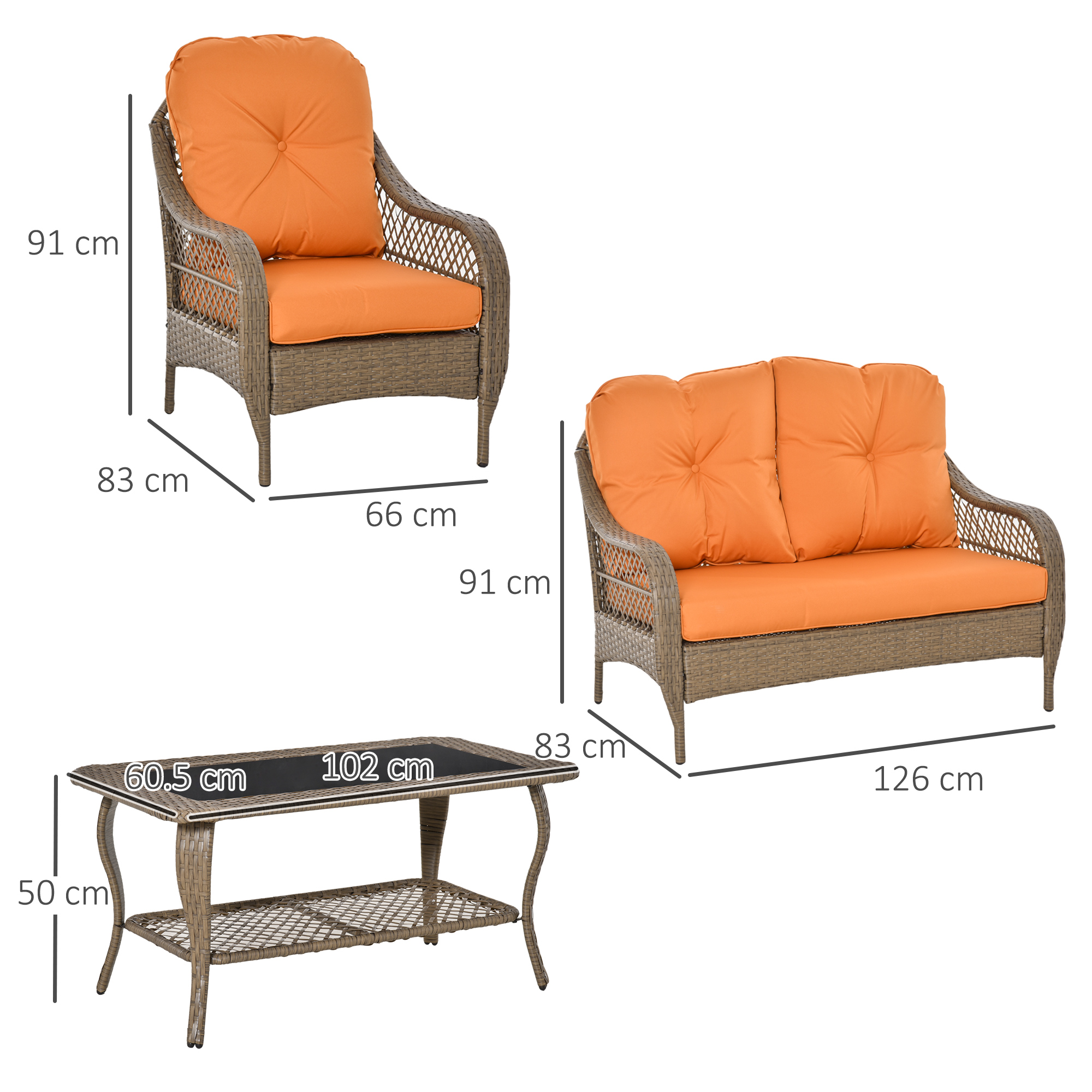 Set divano in rattan marrone con cuscini arancioni e dimensioni.