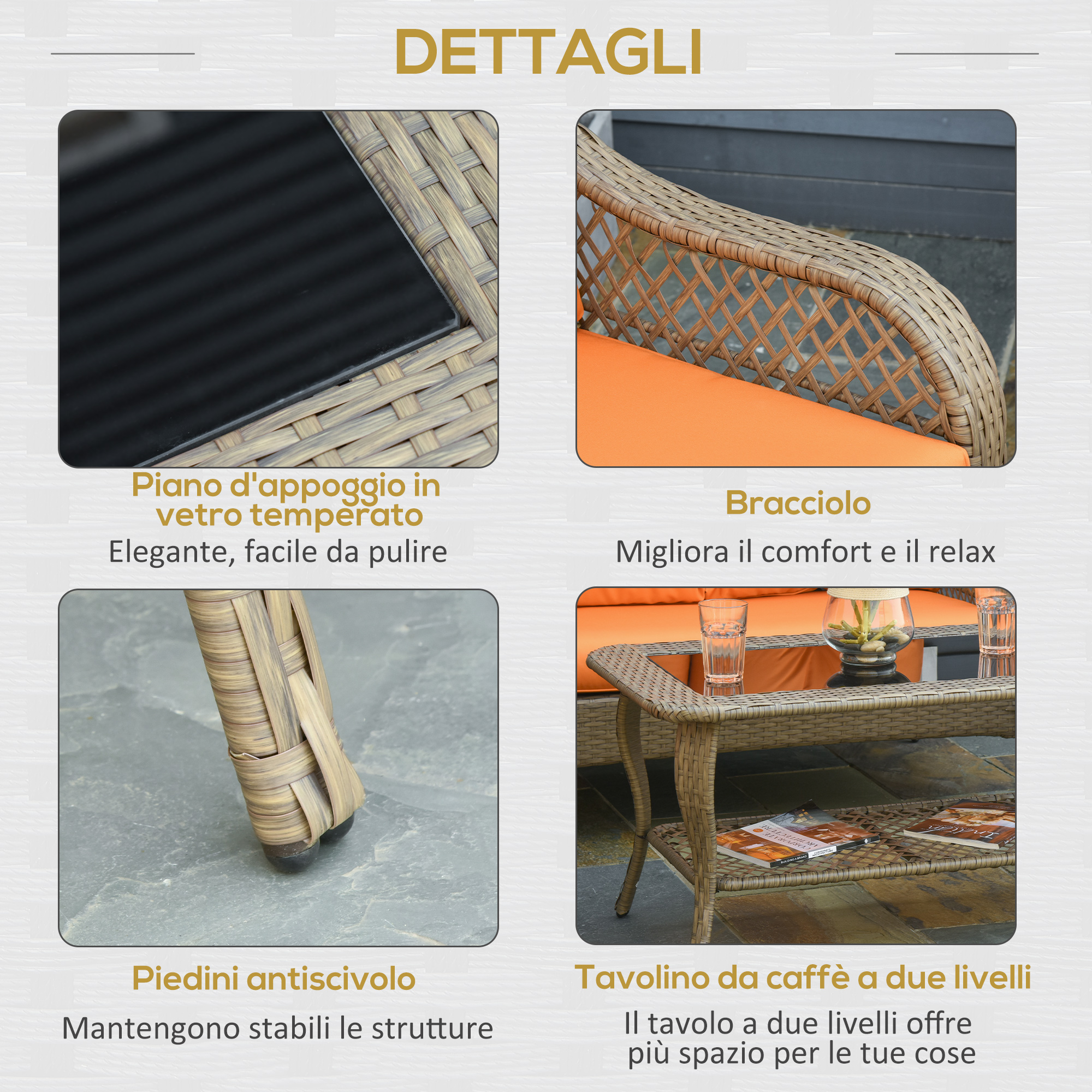 Mobili in rattan con cuscini arancioni: piano, bracciolo, piedini e tavolino.