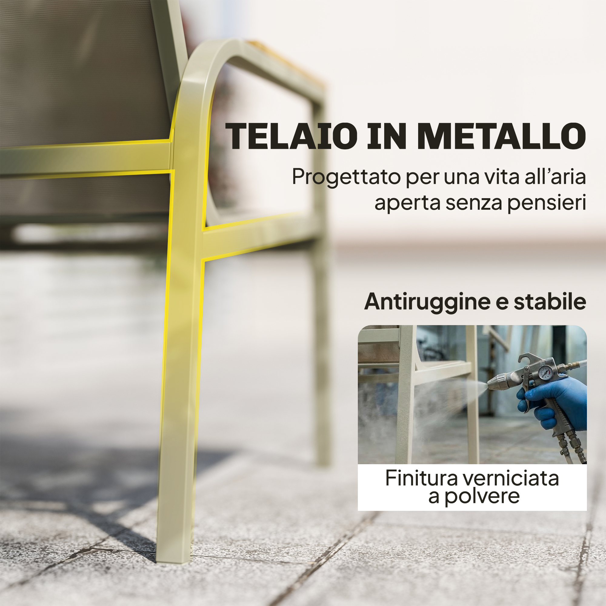 Telaio in metallo verniciato a polvere per protezione e stabilità.