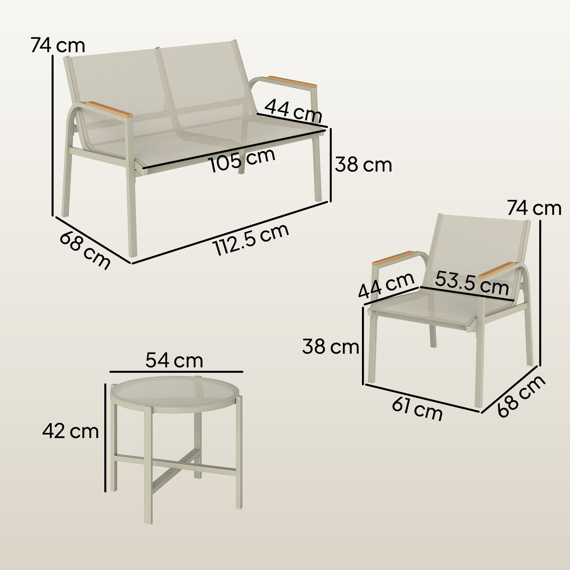 Set di mobili da giardino con dimensioni: Divanetto, poltrona, tavolo.