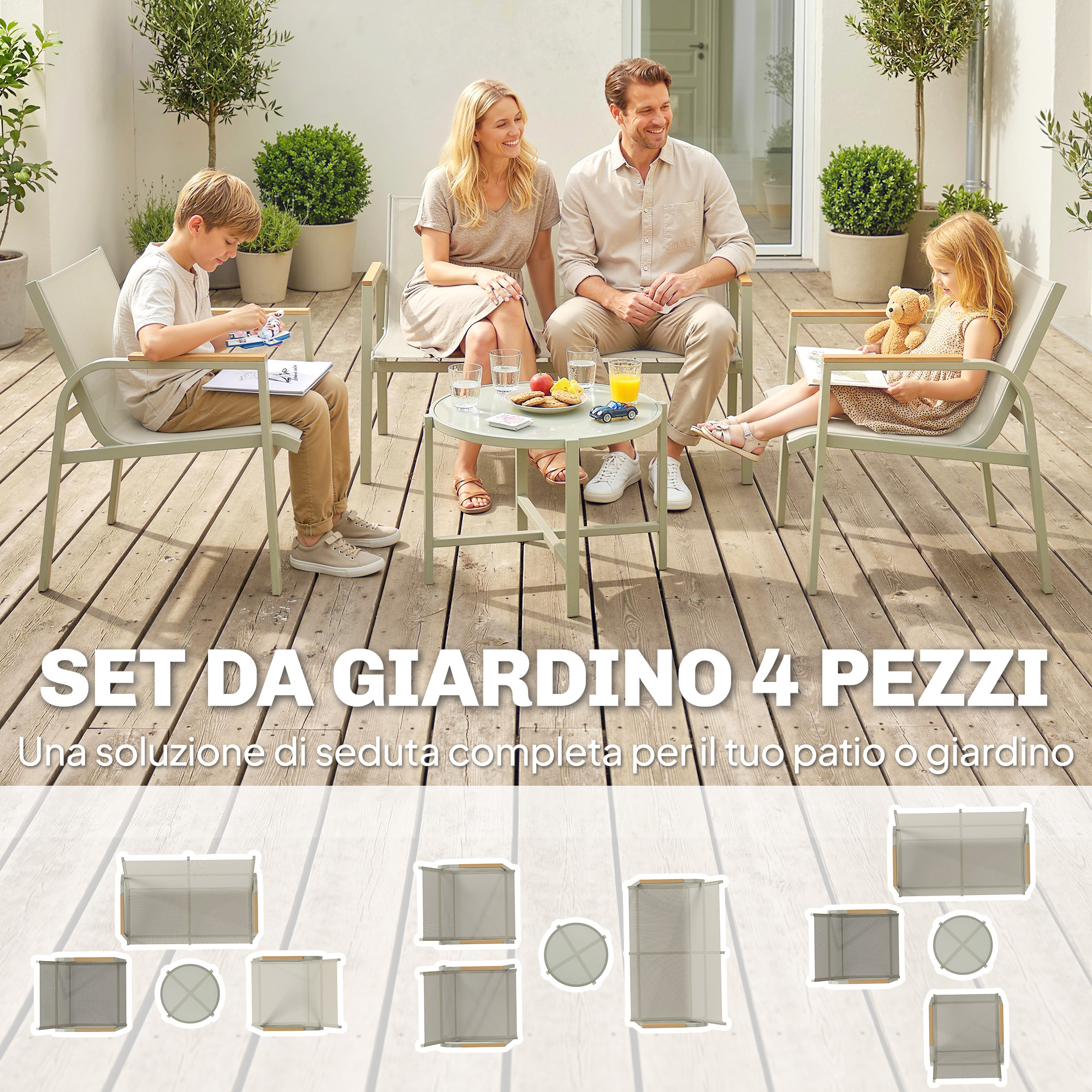 Una famiglia si gode una giornata in giardino con un set da 4 pezzi.