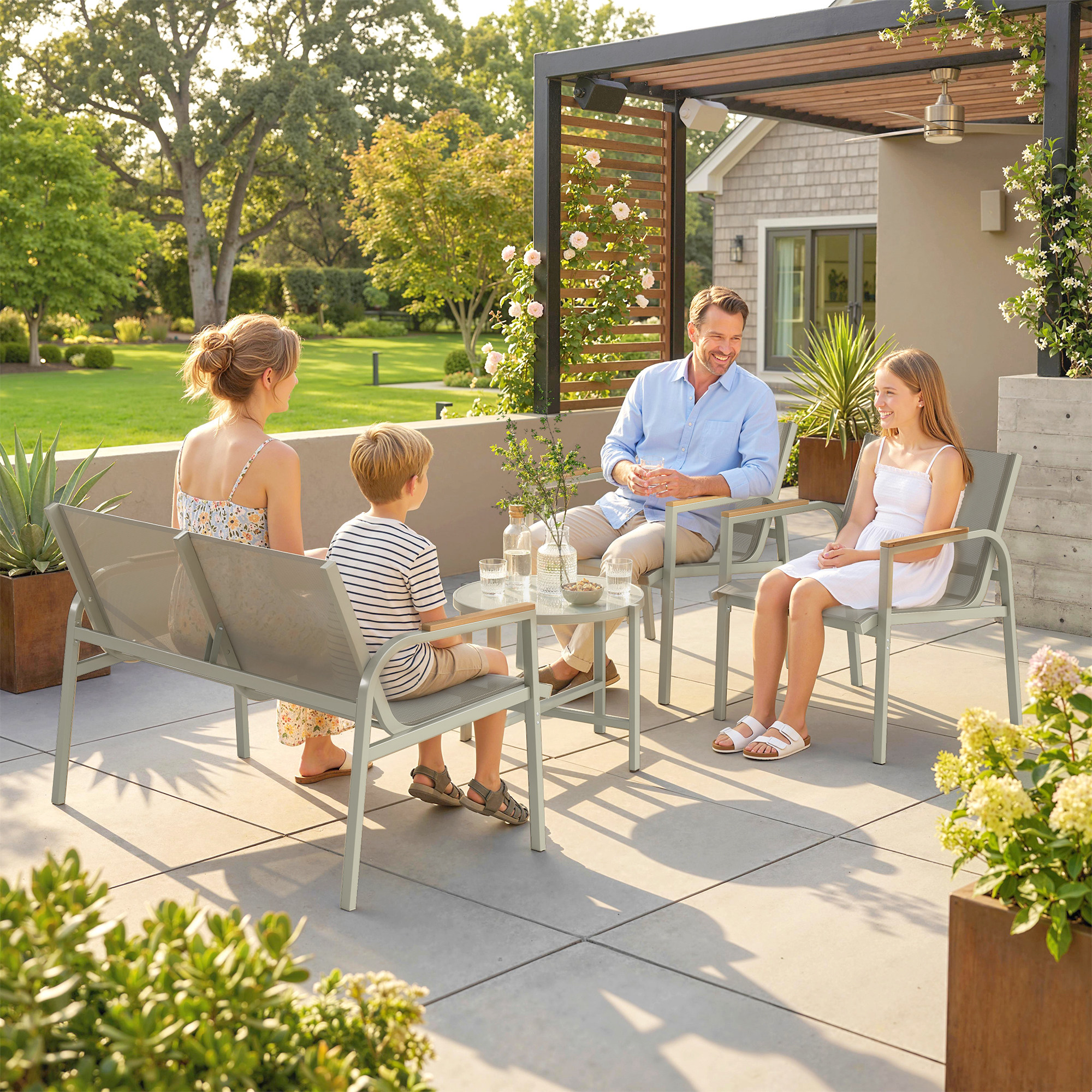 Famiglia rilassata su un patio con pergola, piante e casa sullo sfondo.