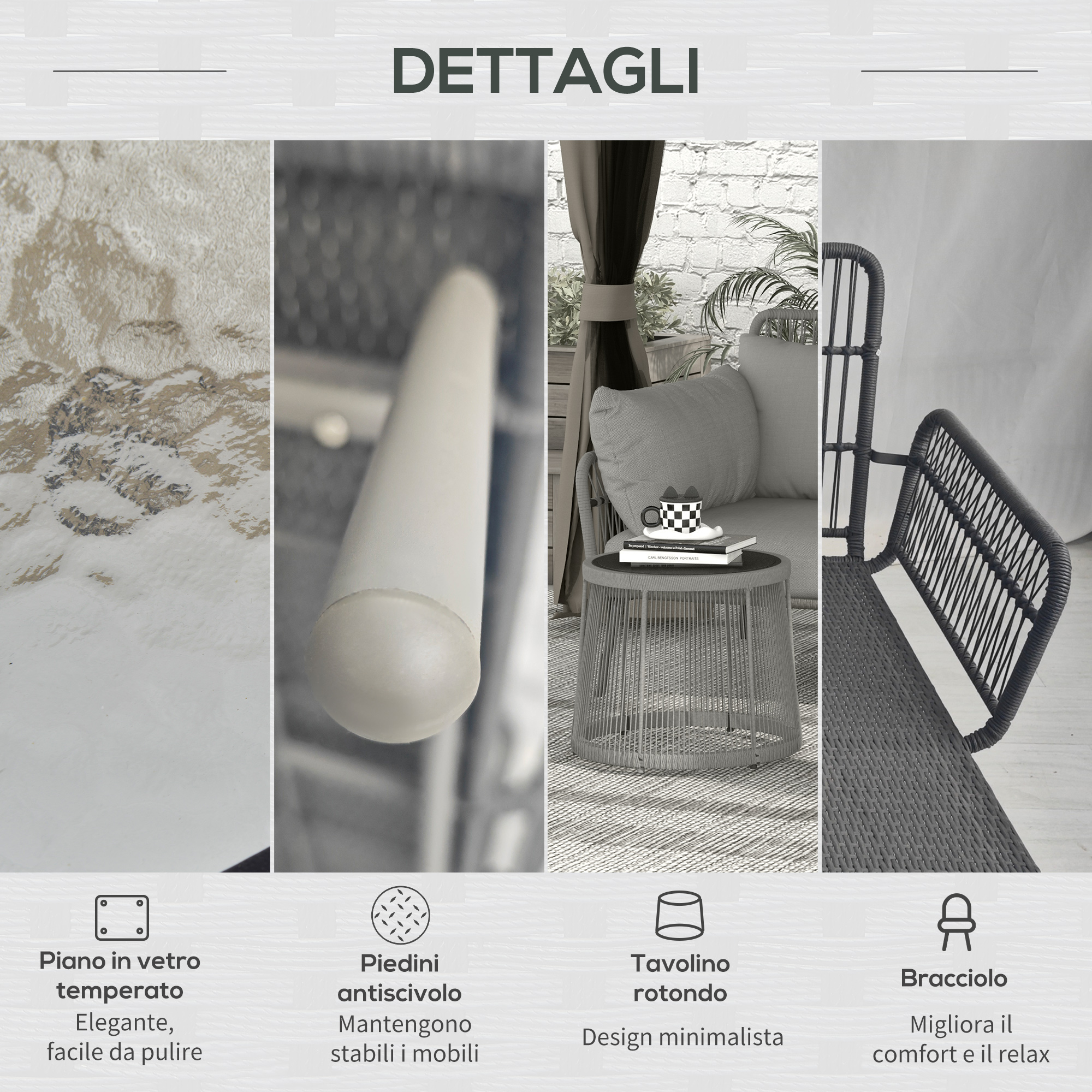 Dettagli: Piano in vetro, piedini antiscivolo, tavolino, bracciolo.