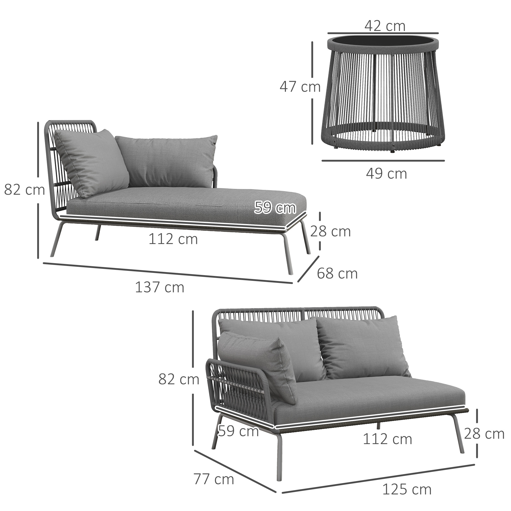 Mobili da giardino grigi con dimensioni: chaise longue, divano e tavolino rotondo.