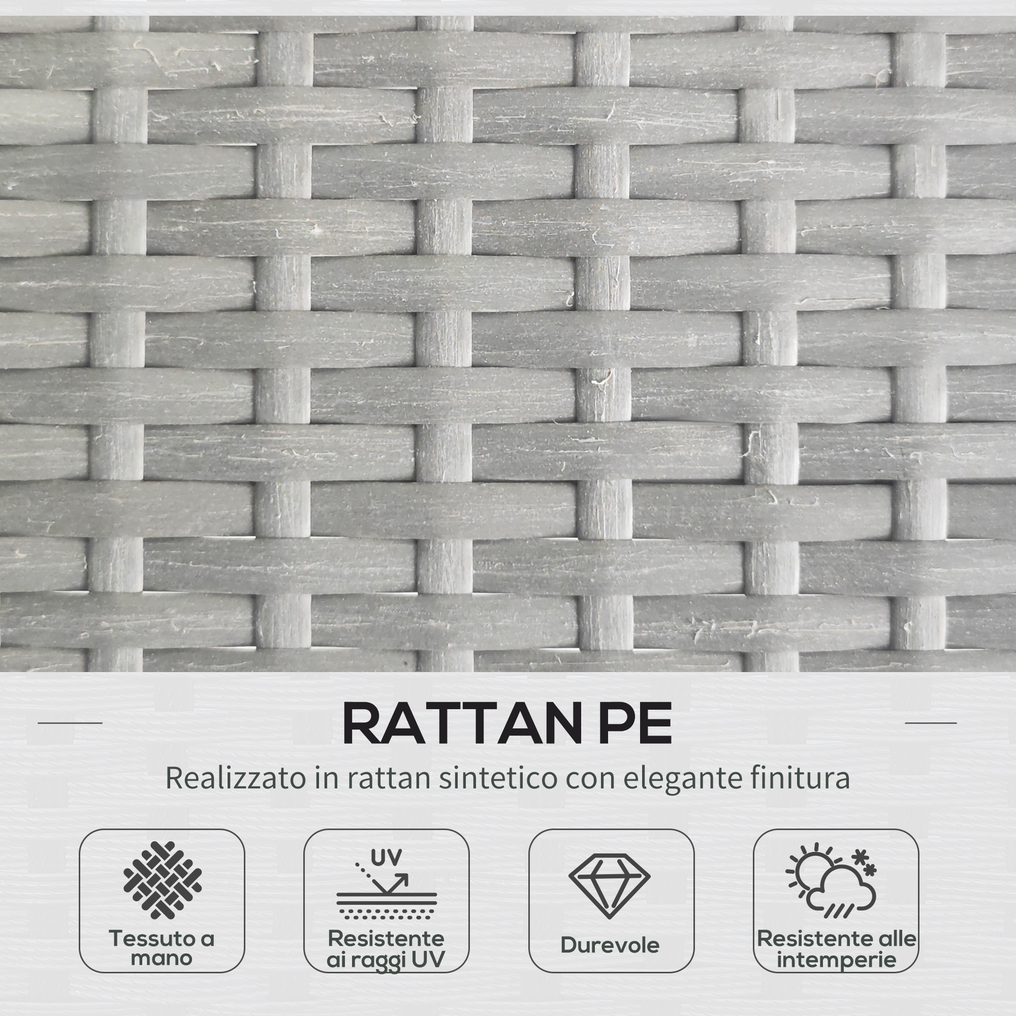 Intreccio in rattan grigio con icone per artigianato, resistenza UV e intemperie.