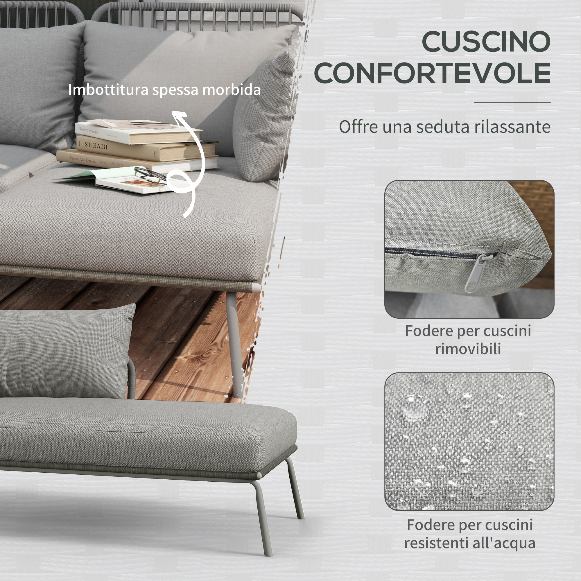 Divano da esterno grigio con spessa imbottitura, fodere rimovibili e resistenti.