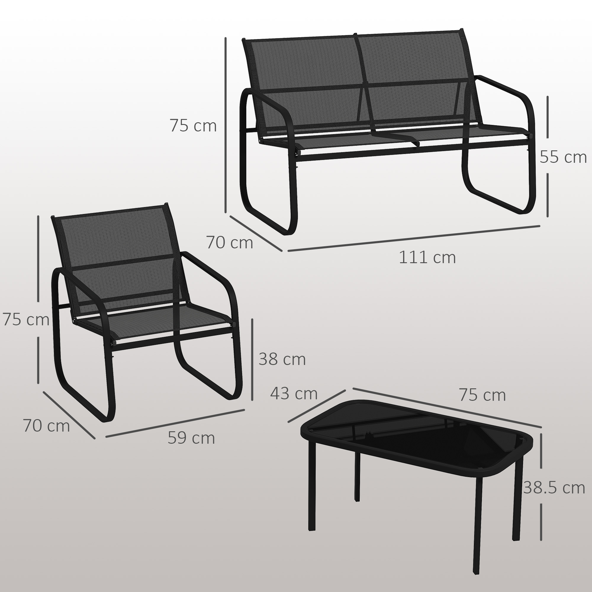 Un set di mobili da giardino in metallo nero con tavolo e due sedie.