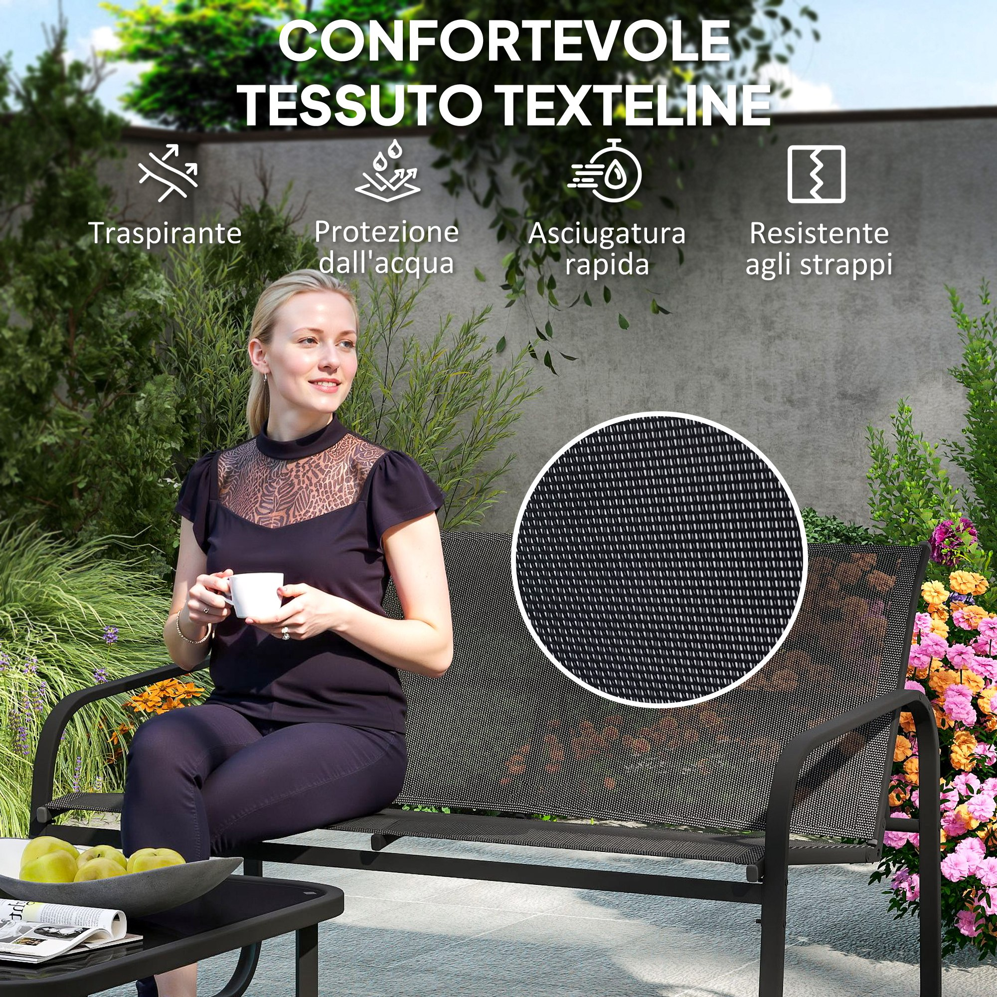 Donna seduta su una panchina da giardino con una tazza, circondata da piante.