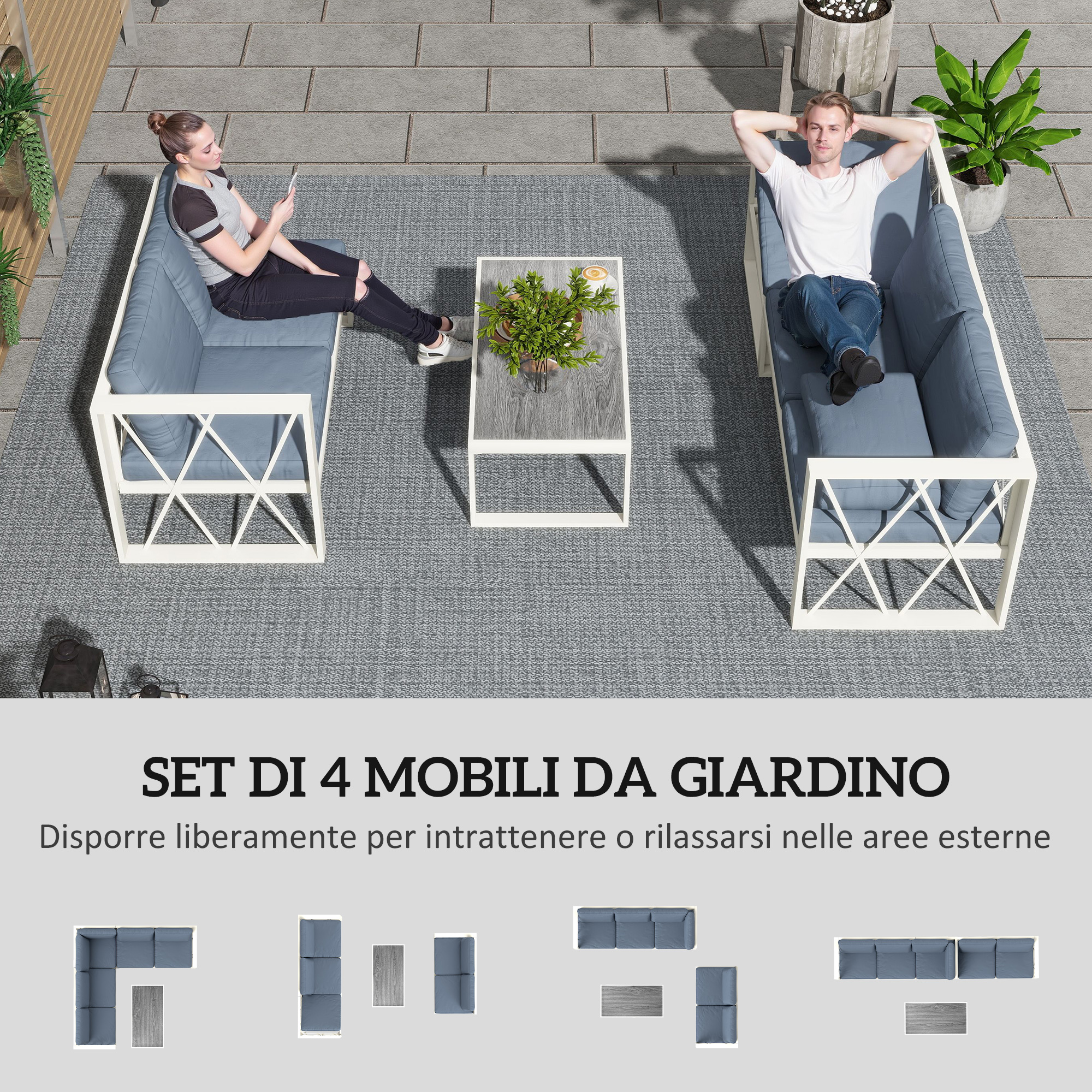 Due persone si rilassano su un set di mobili da giardino con cuscini blu e telaio bianco.