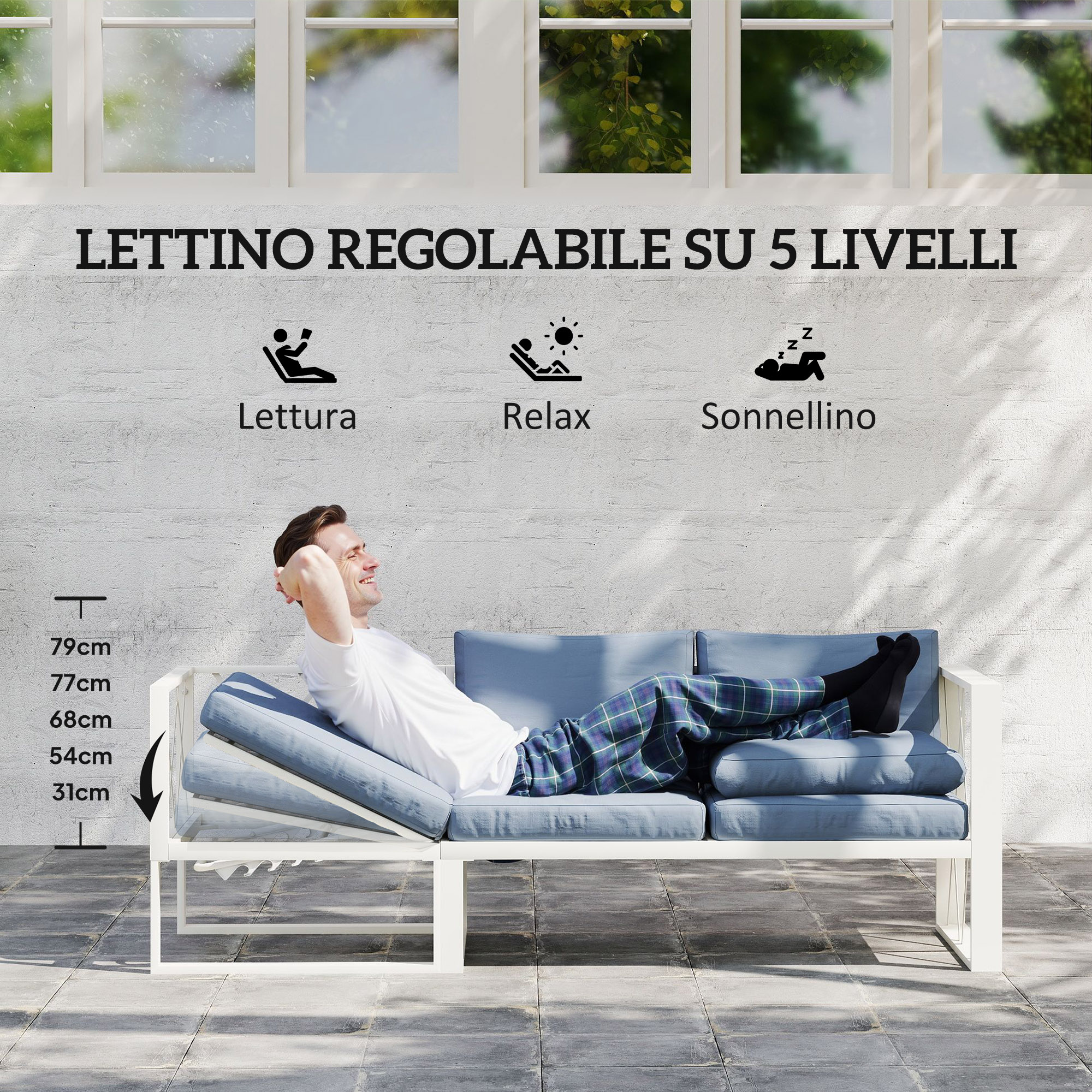 Uomo su lettino regolabile con cuscini blu, impostabile per leggere, rilassarsi o dormire.