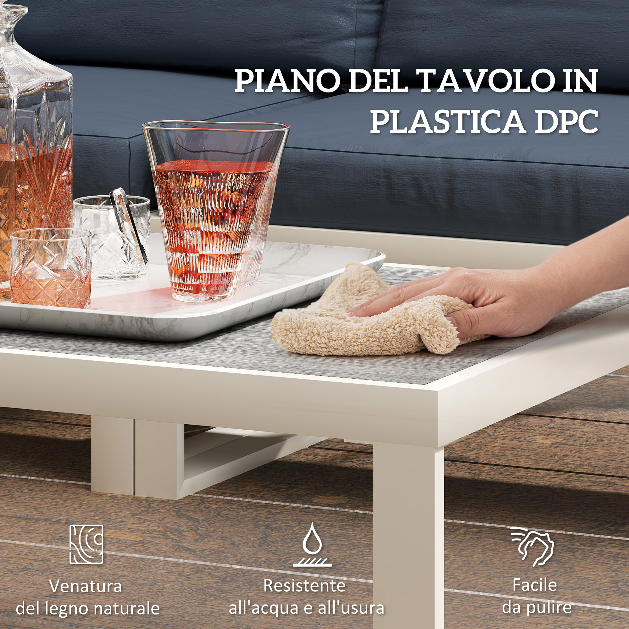Una mano pulisce un tavolo con bicchieri e una caraffa. "Piano del tavolo in plastica DPC".