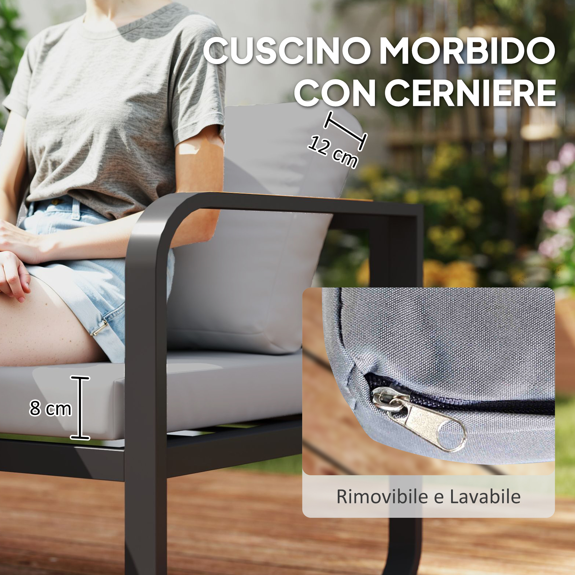 Una persona siede su una sedia da giardino grigia con cuscini. Primo piano di una cerniera.
