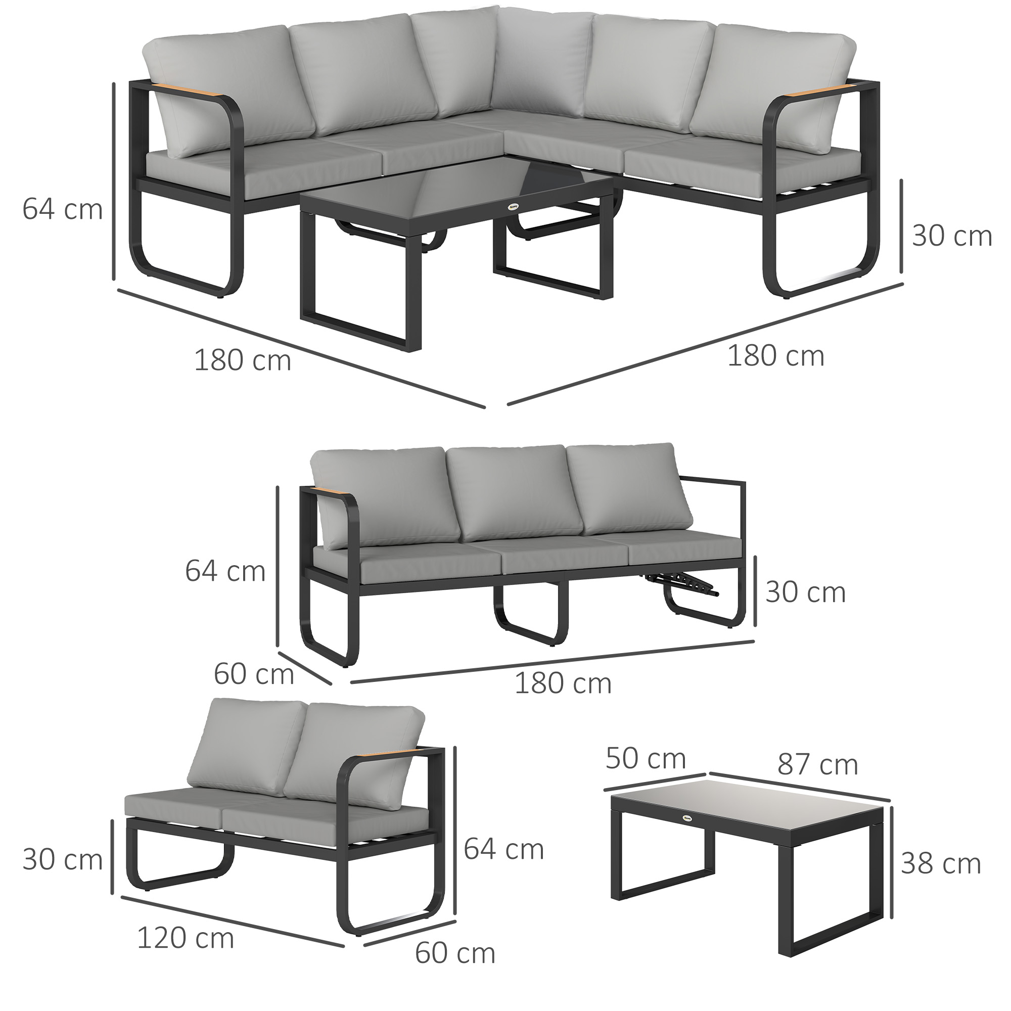Set di mobili da esterno: divano angolare, 3 posti, 2 posti e tavolo con dimensioni.