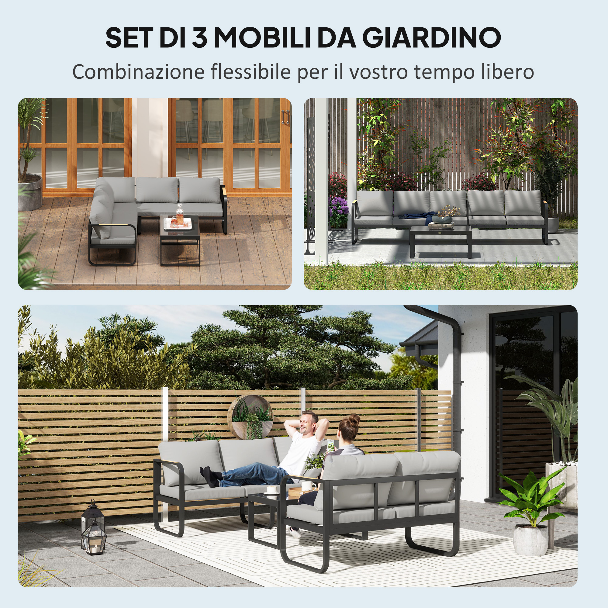 Set di mobili da giardino con cuscini grigi e cornici nere, su pati.