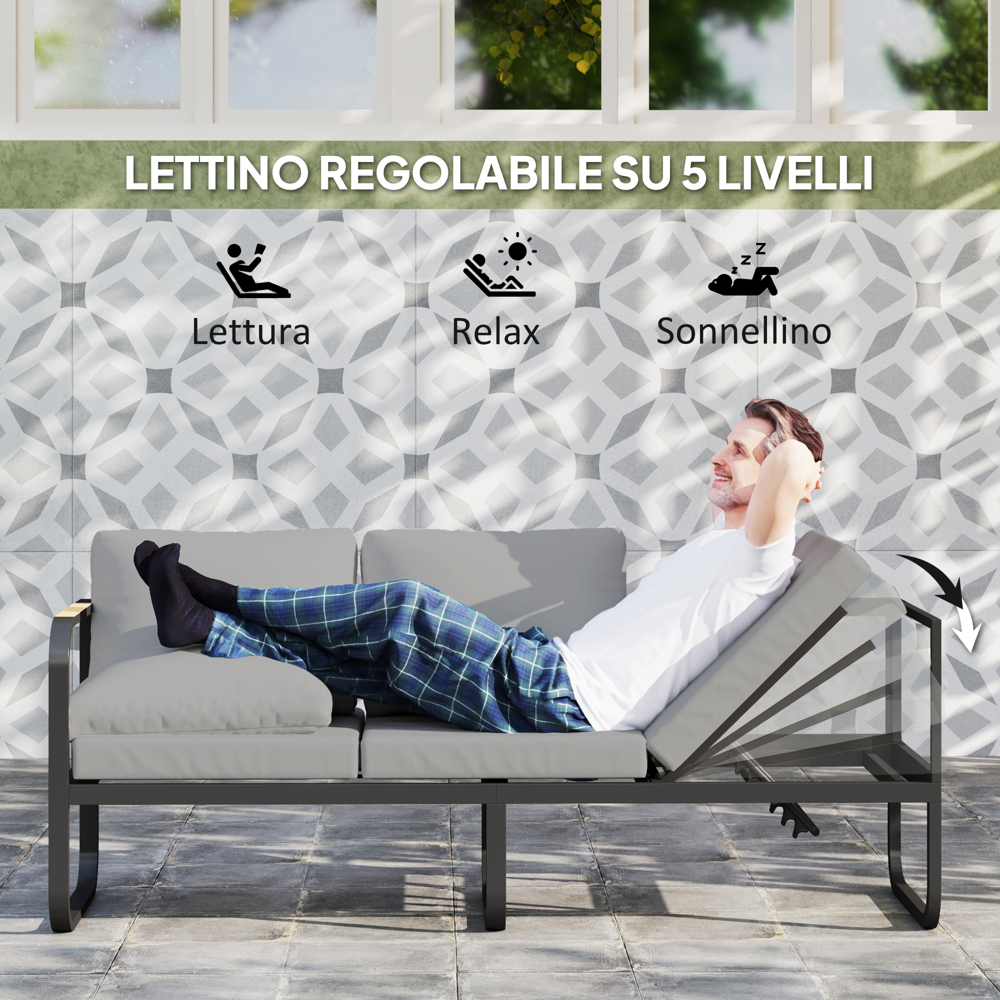 Uomo rilassato su lettino regolabile. "Lettino Regolabile su 5 Livelli".