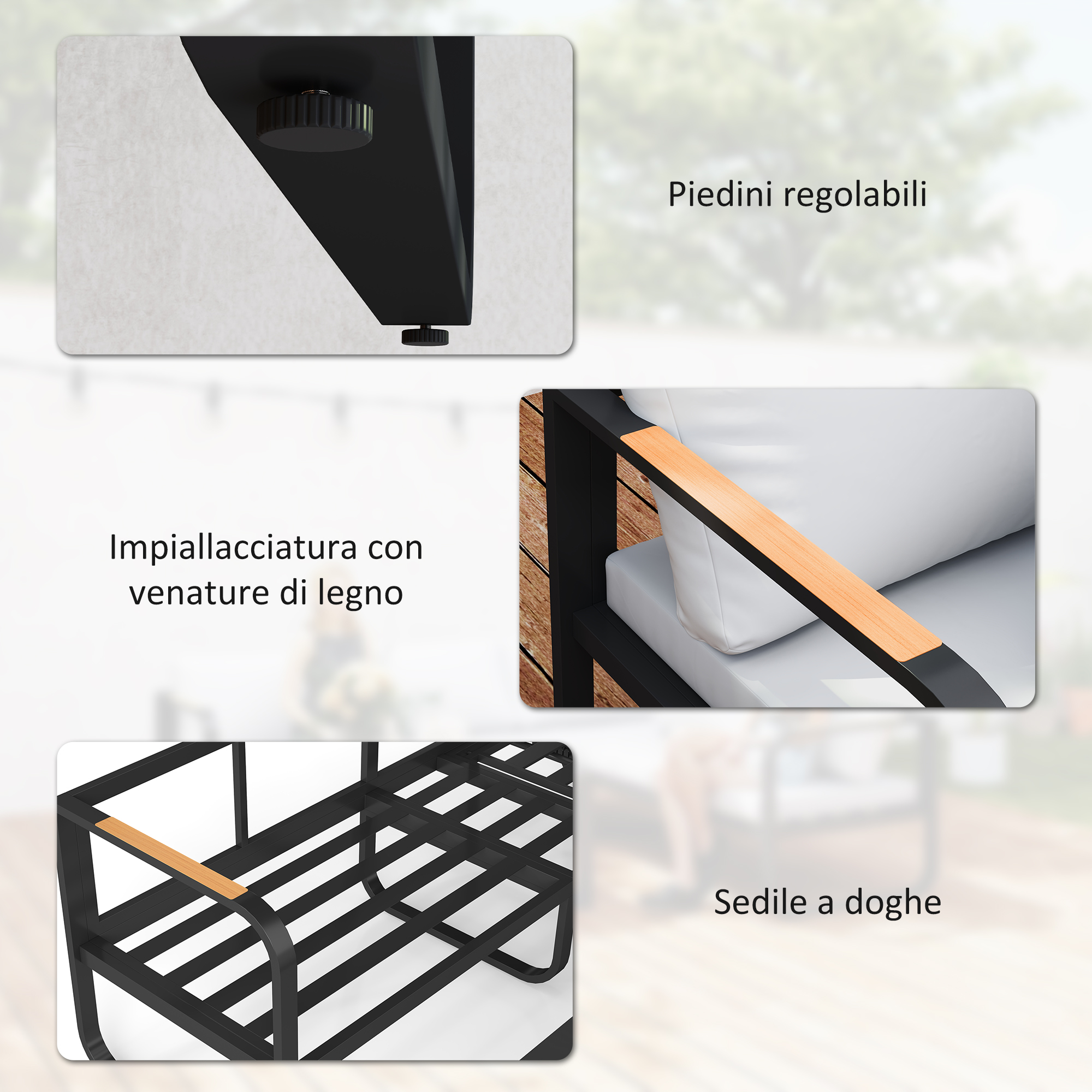 Dettaglio di mobili neri con finiture in legno e piedini regolabili.