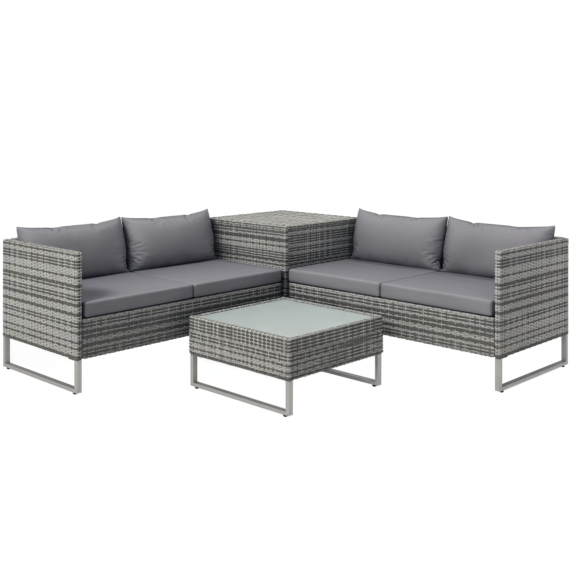 Divano angolare da esterno in rattan grigio con tavolino e piano in vetro.